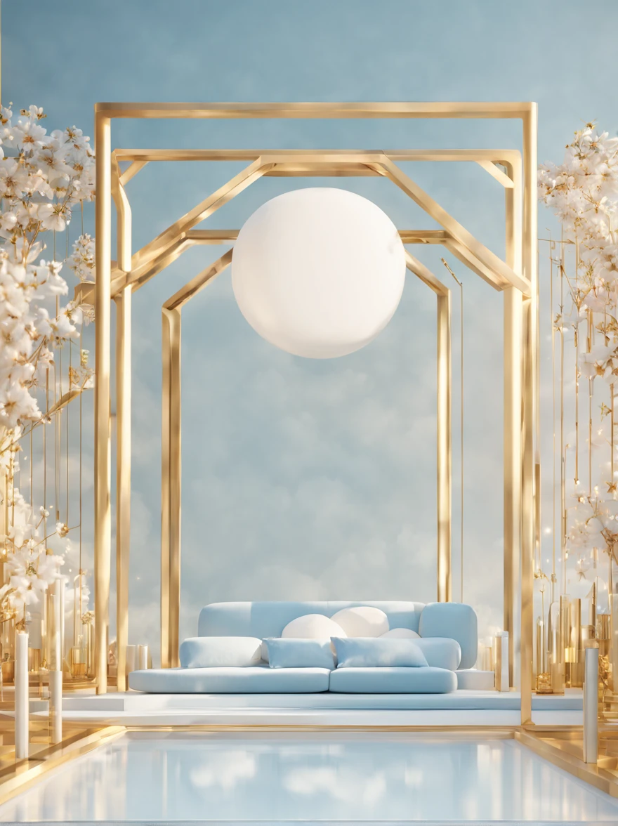 Gold tone, C4D, minimalist stage design, soft and dreamy depiction, atmospheric tranquility, linear illustrations, light blue and white outdoor rendering, XGIMI, BenQ, Sony, clear details, realism, rendering, Nikon, C4D, 3Dmax, redshift rendering, corona rendering, performance,