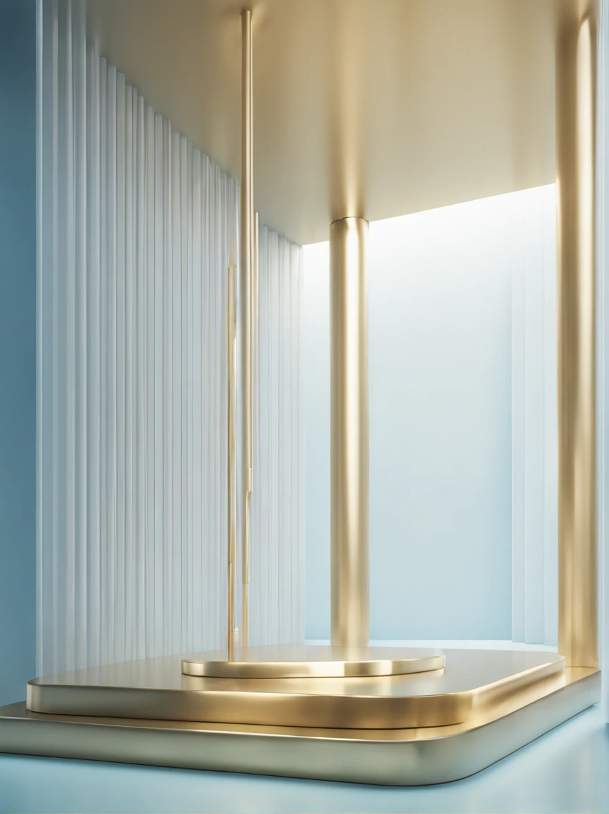Gold tone, C4D, minimalist stage design, soft and dreamy depiction, atmospheric tranquility, linear illustrations, light blue and white outdoor rendering, XGIMI, BenQ, Sony, clear details, realism, rendering, Nikon, C4D, 3Dmax, redshift rendering, corona rendering, performance,