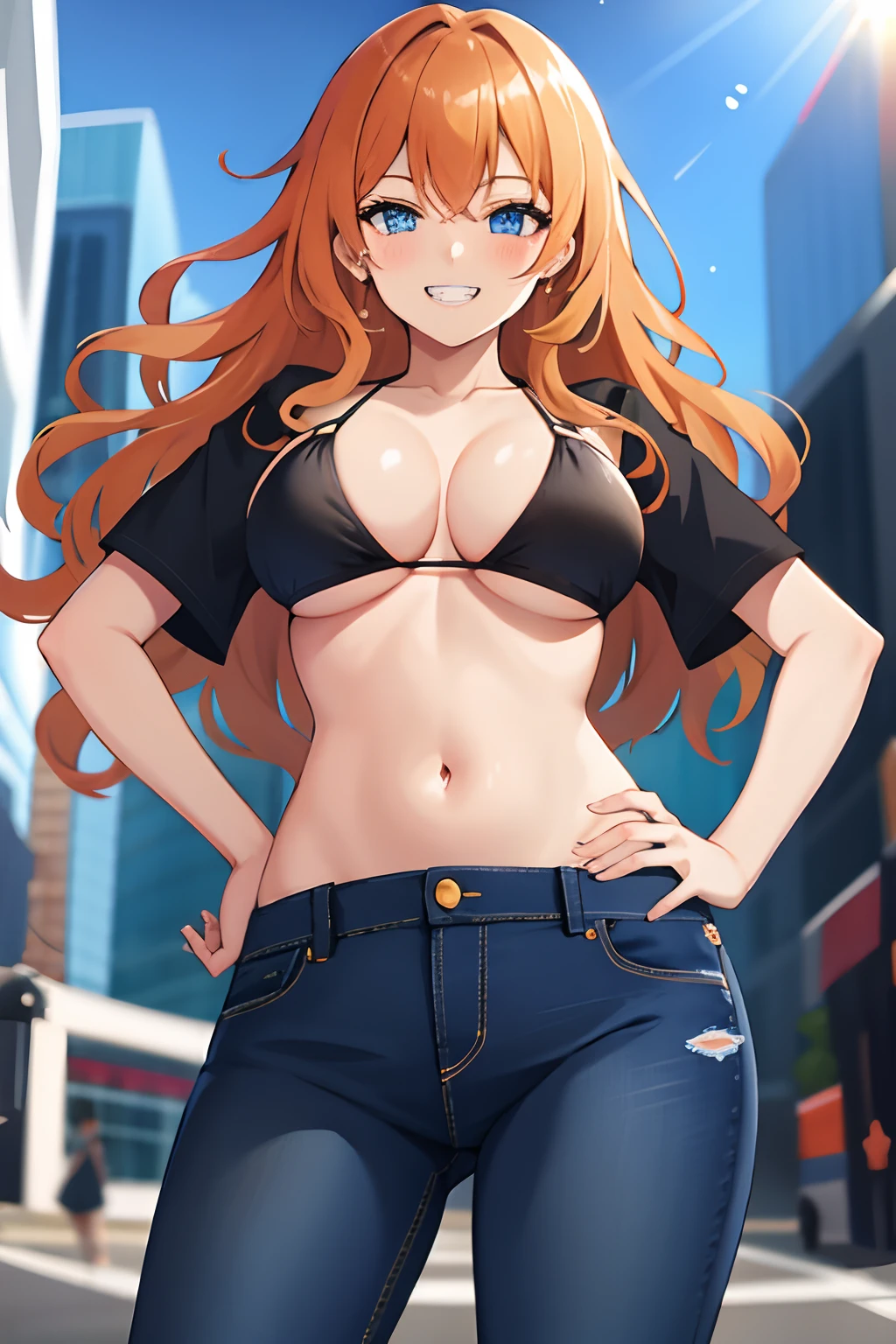 one girl, long wavy hair, orange hair, dark blue eyes,big breasts,(seductive smile,clenched teeth),black bikini top only,denim jeans,(hands on hip),city,pov from front,shining body,solo focus