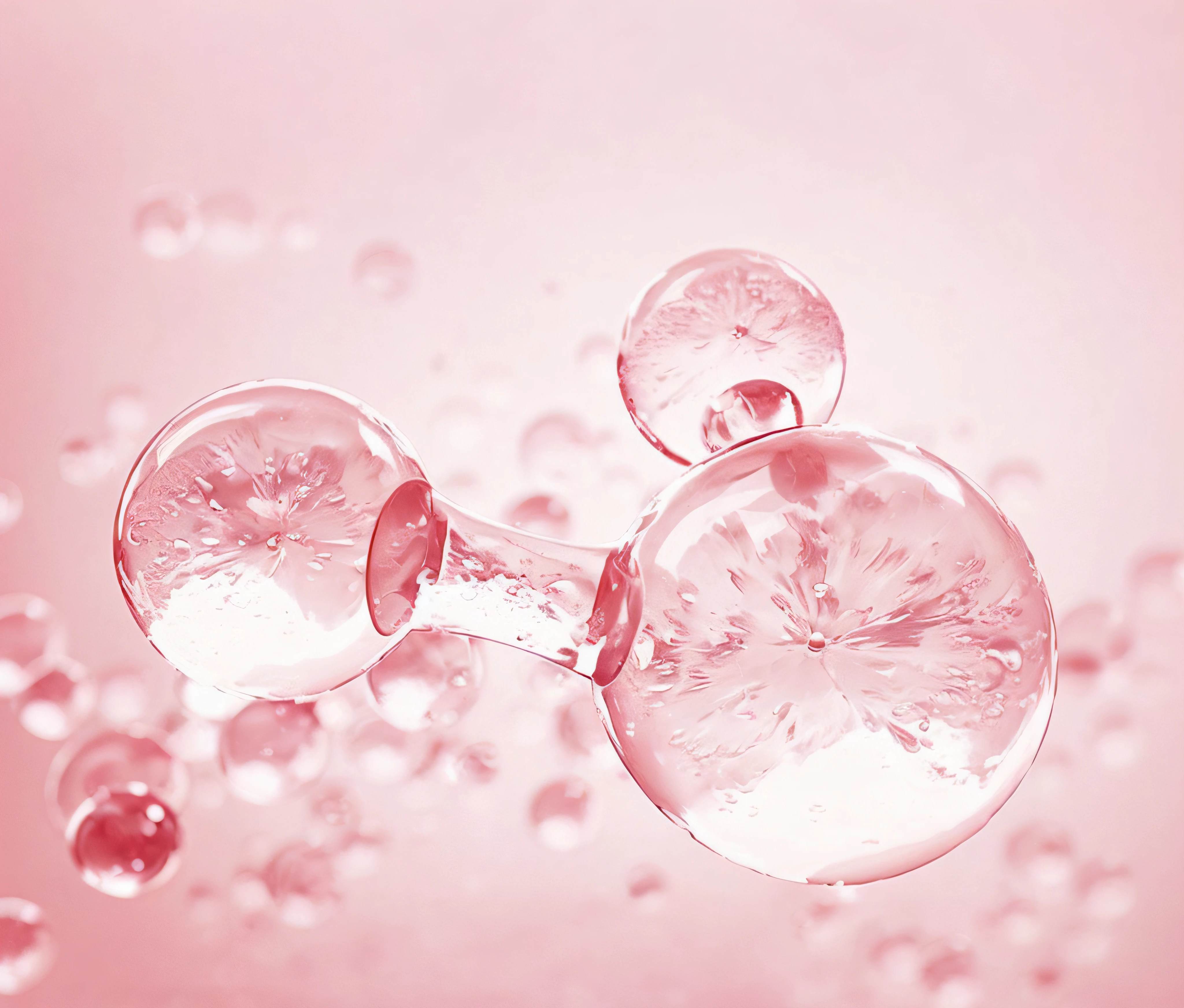 There are many bubbles floating in the air, bubbling skin, Ethereal bubbles, floating molecules, foamy, bubbly scenery, translucent sphere, Bubble background, water bubbles, water particulate, pink water in a large bath, Buble, molecules, iridescent soapy bubbles, Floating bubbles, airbubble, Soap bubbles, Transparent skin, foamy bubbles