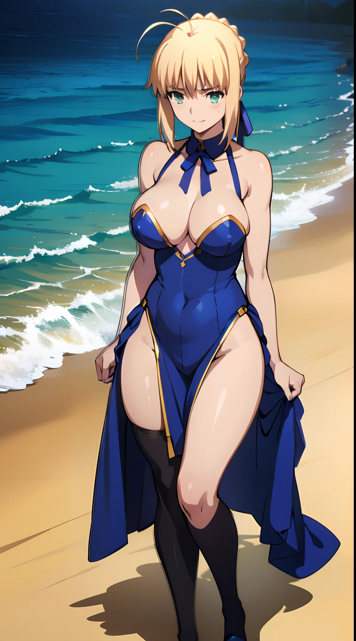 NSFW、(Best Quality, masutepiece, 超A high resolution,Photorealsitic、Official art,top-quality、Beautiful CG,)masturbation, Sunny Beach、artoria、Erotic body、Smile embarrassedly、Sleeveless、Colossal tits、neck tie、tights、