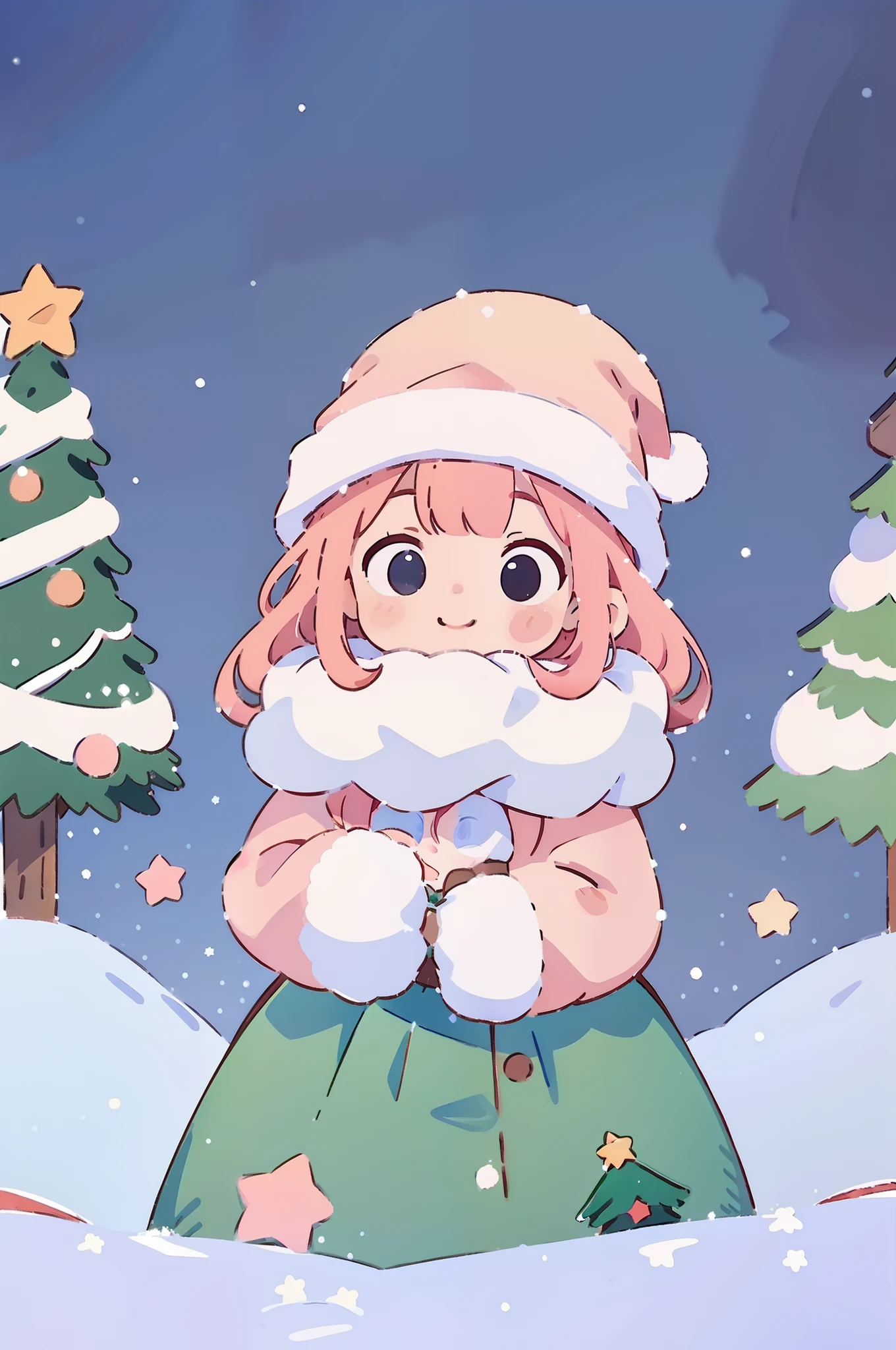 Girl, long pink hair, round face, big eyes, Christmas outfit, smile, Christmas hat, snow, stars, winter, park, yukito, white snow, Christmas tree, snow covered, in a panorama, front