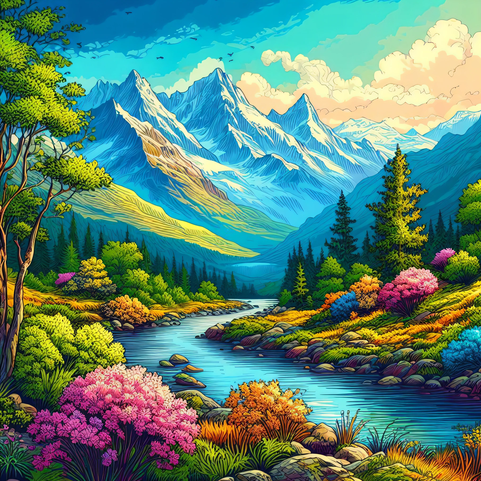 a painting of a mountain scene with a river and trees, scenery art detailed, majestic nature scenery, in a mountain valley, mountains river trees, rich picturesque colors, landscape scenery, scenery artwork, mountain valley, colorful landscape painting, detailed painting 4 k, vibrant gouache painting scenery, amazing landscape, stunning landscape, majestic mountains, nature scenery, beautiful mountains behind, fantastic landscape