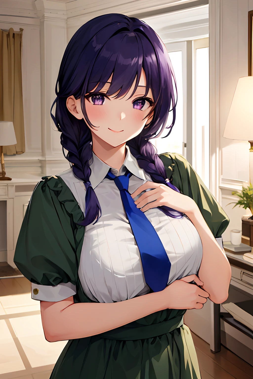 masterpiece, high quality, 8k, beautiful lighting, 1girl, solo, LoRA, blue necktie, long olive green dress, mid-back length, dark-purple hair, that has chin-length bangs hanging on either side, long front bangs, light purple eyes, beauty mark under right eye, mommy, Braid hair below right shoulder, 32 years old, upper body, portrait, looking at viewer, in a luxurious living room, breast size I cup, smile, housewife