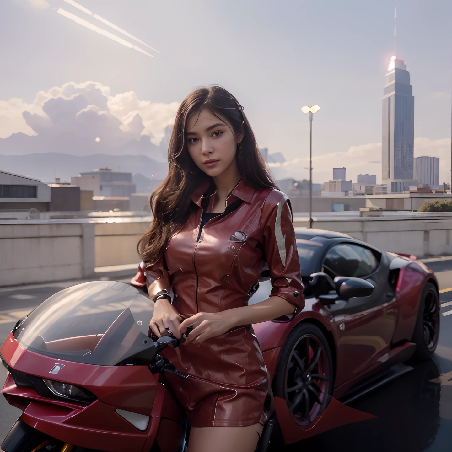 Highest image quality, outstanding details, ultra-high resolution, (realism: 1.4), the best illustration, favor details, highly condensed 1girl, with a delicate and beautiful face, dressed in a black and fuschia mecha, holding a directional controller, riding on a motorcycle, the background is a high-tech lighting scene of the future city