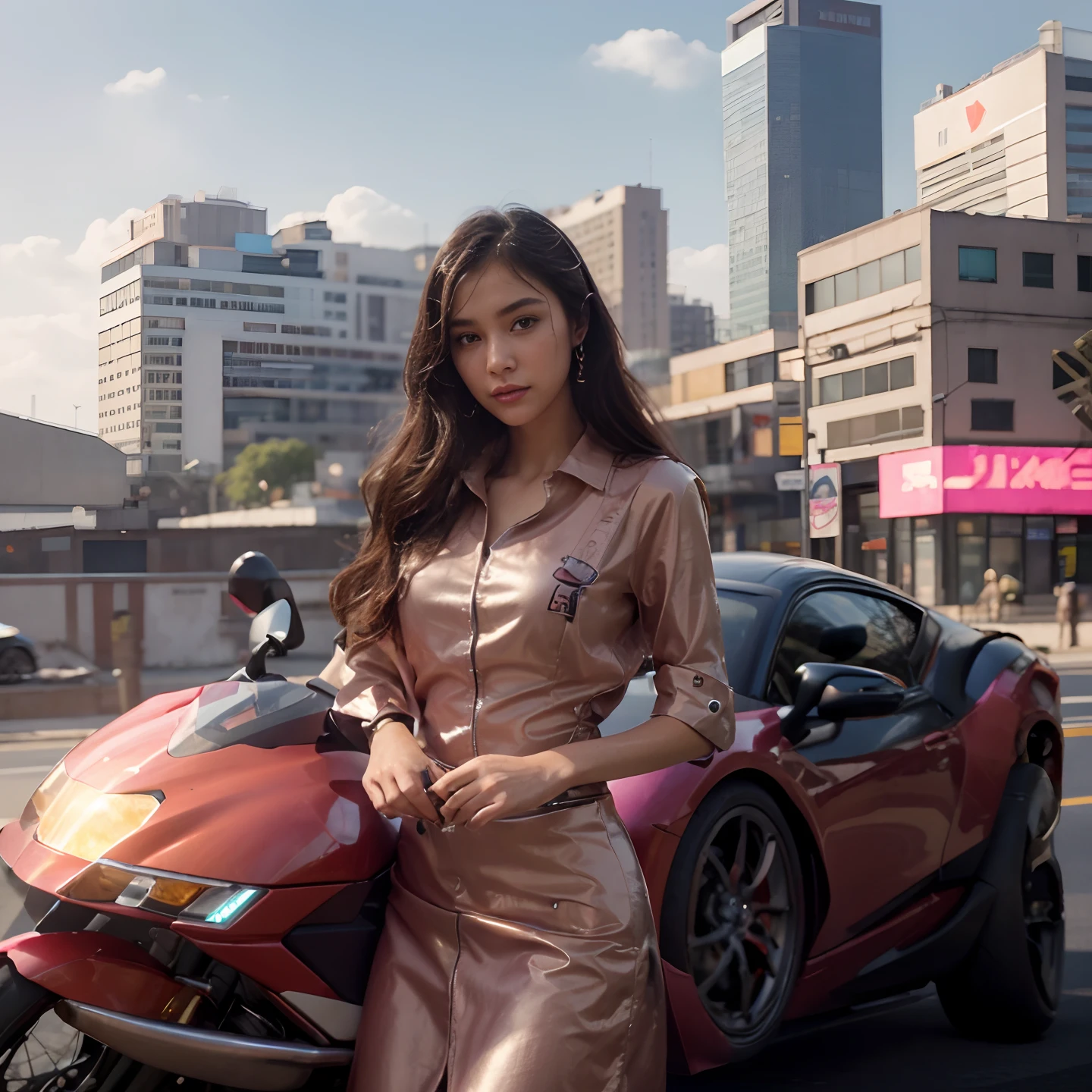 Highest image quality, outstanding details, ultra-high resolution, (realism: 1.4), the best illustration, favor details, highly condensed 1girl, with a delicate and beautiful face, dressed in a black and fuschia mecha, holding a directional controller, riding on a motorcycle, the background is a high-tech lighting scene of the future city