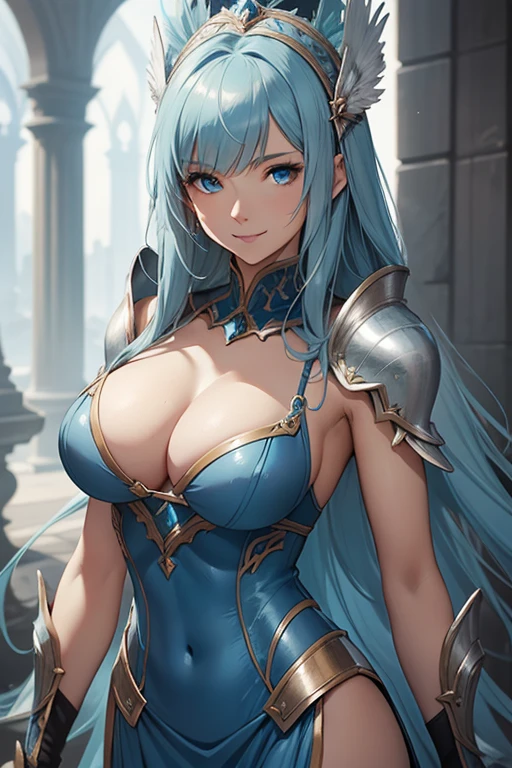 a close up of a woman in a blue dress with a feathered headpiece, detailed fantasy art, epic exquisite character art, 2. 5 d cgi anime fantasy artwork, stunning character art, 4k fantasy art, pale blue armor, highly detailed fantasy art, detailed fantasy digital art, clothed in ethereal armor, fantasy art style, beautiful armor, beautiful fantasy art, muscular athletic body, large smile