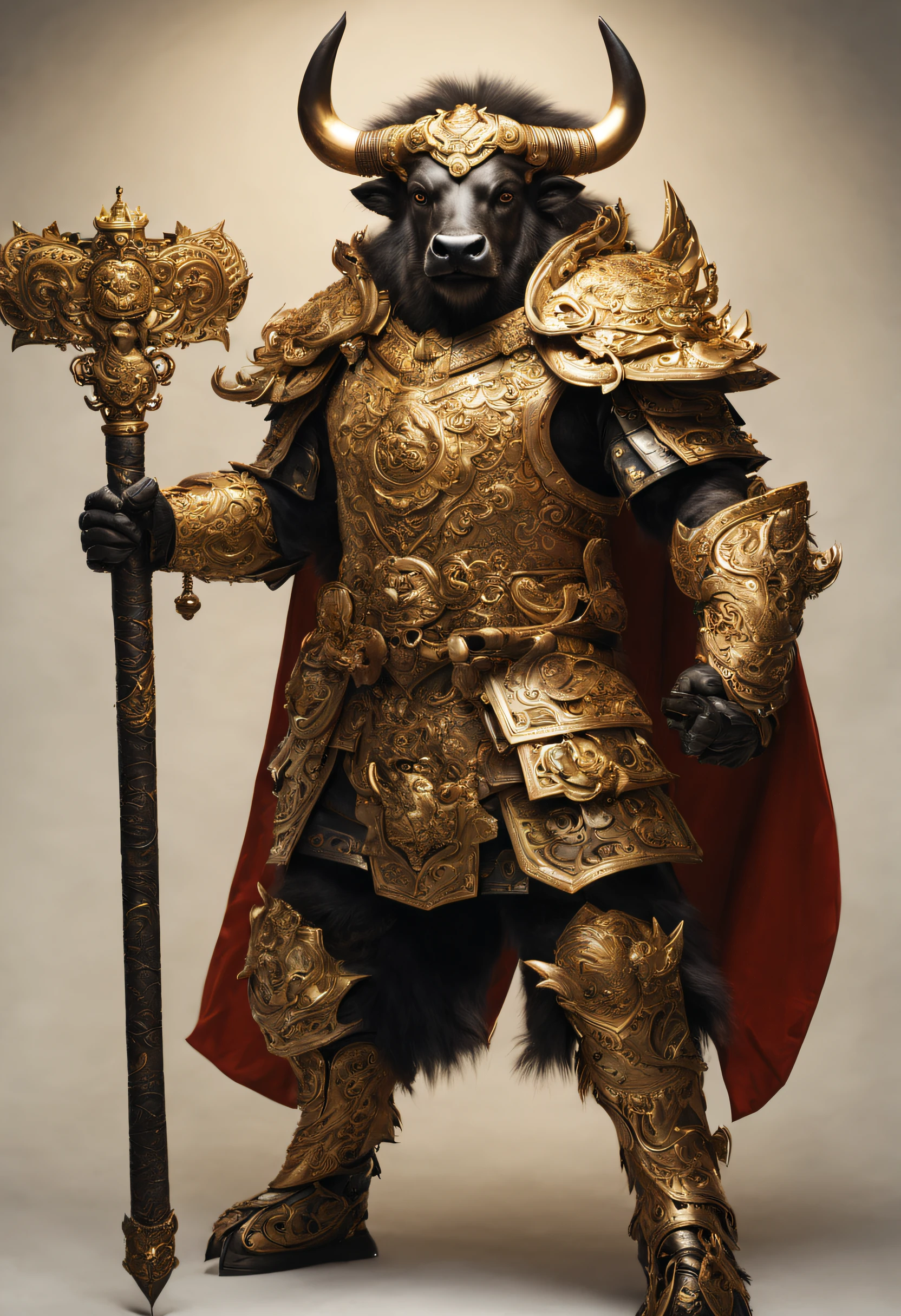 Realistic style photo full body of Chinese god legend buffalo with a human body holding Double Edge long handle Axe,bull face, bull head, wearing golden hanfu armor with intricately carved gold color steel armor, looks like a strong and dashing heroic general, intricate details, shining background and shine, highly detailed, trending on art station, sharp focus, studio photo, highly detailed, sharp face, sharp subject, detail subject, furry humanoid, no human head, no human face, animal face, animal head,