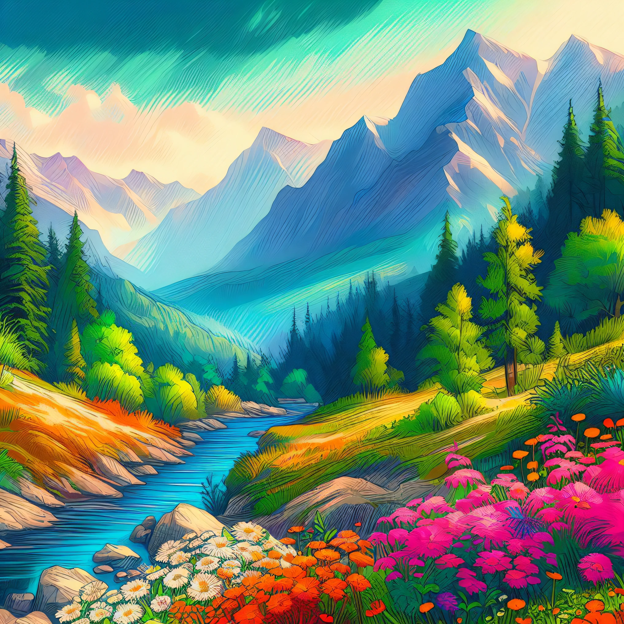 painting of a mountain river with flowers and trees in the foreground, beautiful art uhd 4 k, scenery art detailed, scenery artwork, detailed painting 4 k, 4k highly detailed digital art, mythical floral hills, 4k detailed digital art, colorful hd picure, vibrant gouache painting scenery, nature scenery, 4 k hd wallpaper illustration, bright landscape, nature wallpaper