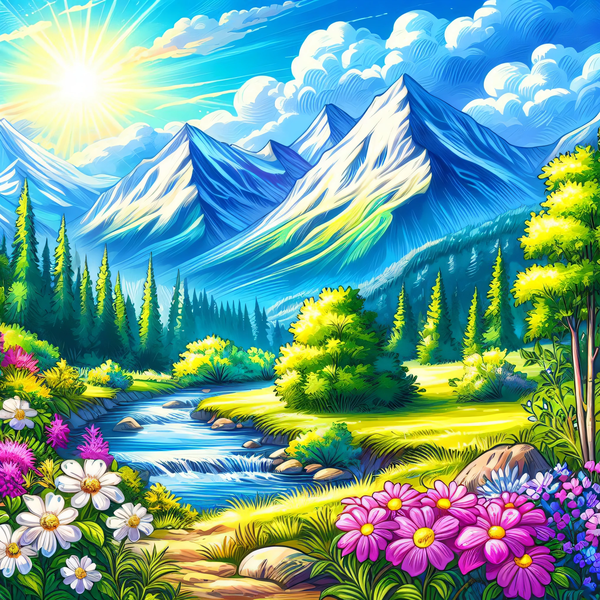 a painting of a mountain scene with flowers and a stream, scenery art detailed, scenery artwork, majestic nature scenery, bright landscape, nature landscape, landscape scenery, nature scenery, sunny landscape, beautiful mountains behind, magical landscape, fantastic landscape, beatiful mountain background, landscape - scenery, a beautiful landscape, mountain valley, amazing landscape, vibrant gouache painting scenery