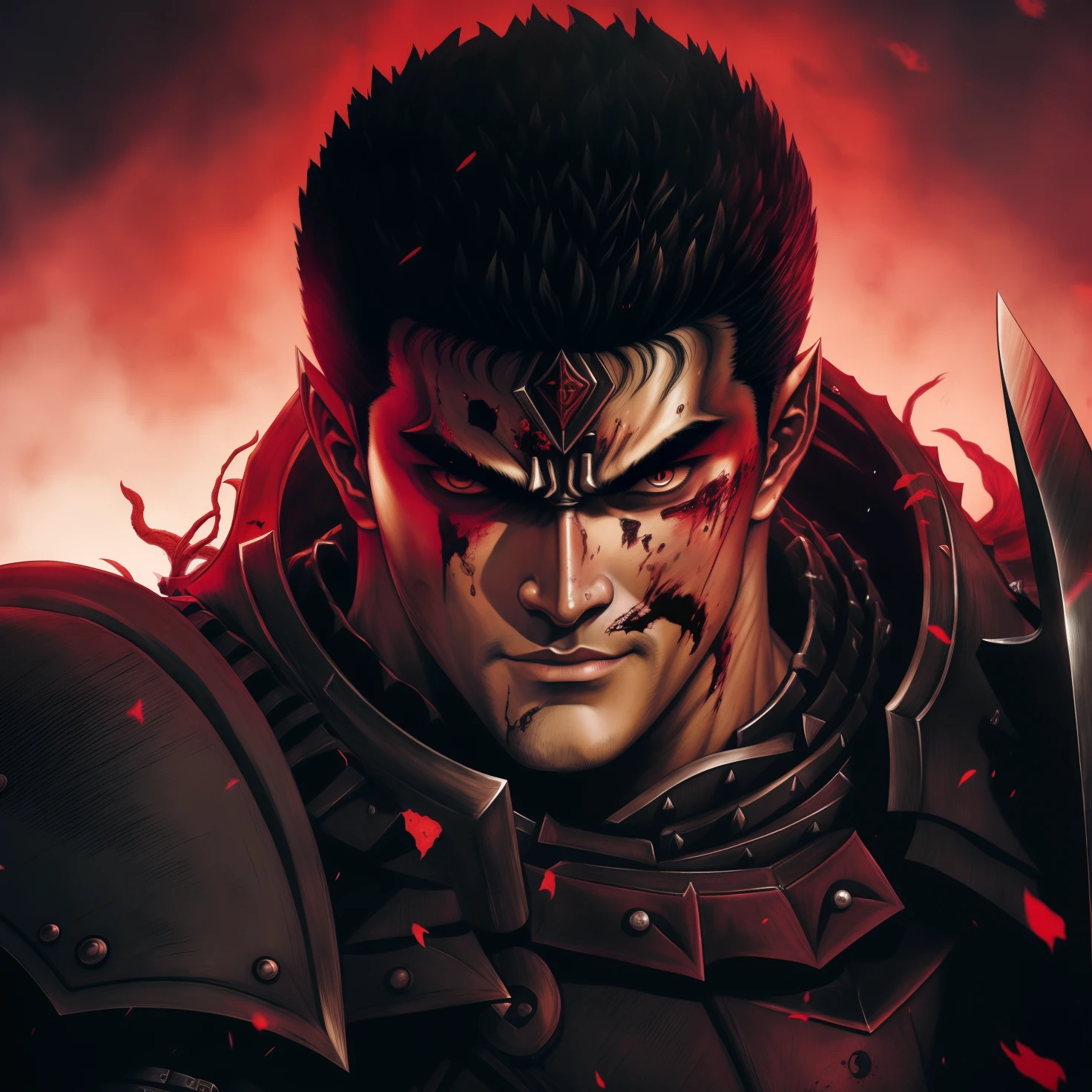 a close up of a man with a sword in his hand, berserk art style, berserk style, portrait of guts from berserk, berserk guts, berserk blood, guts berserk, berserk, from berserk, guts from berserk, berserk manga, in berserk manga, berserk skullknight black armor, guts