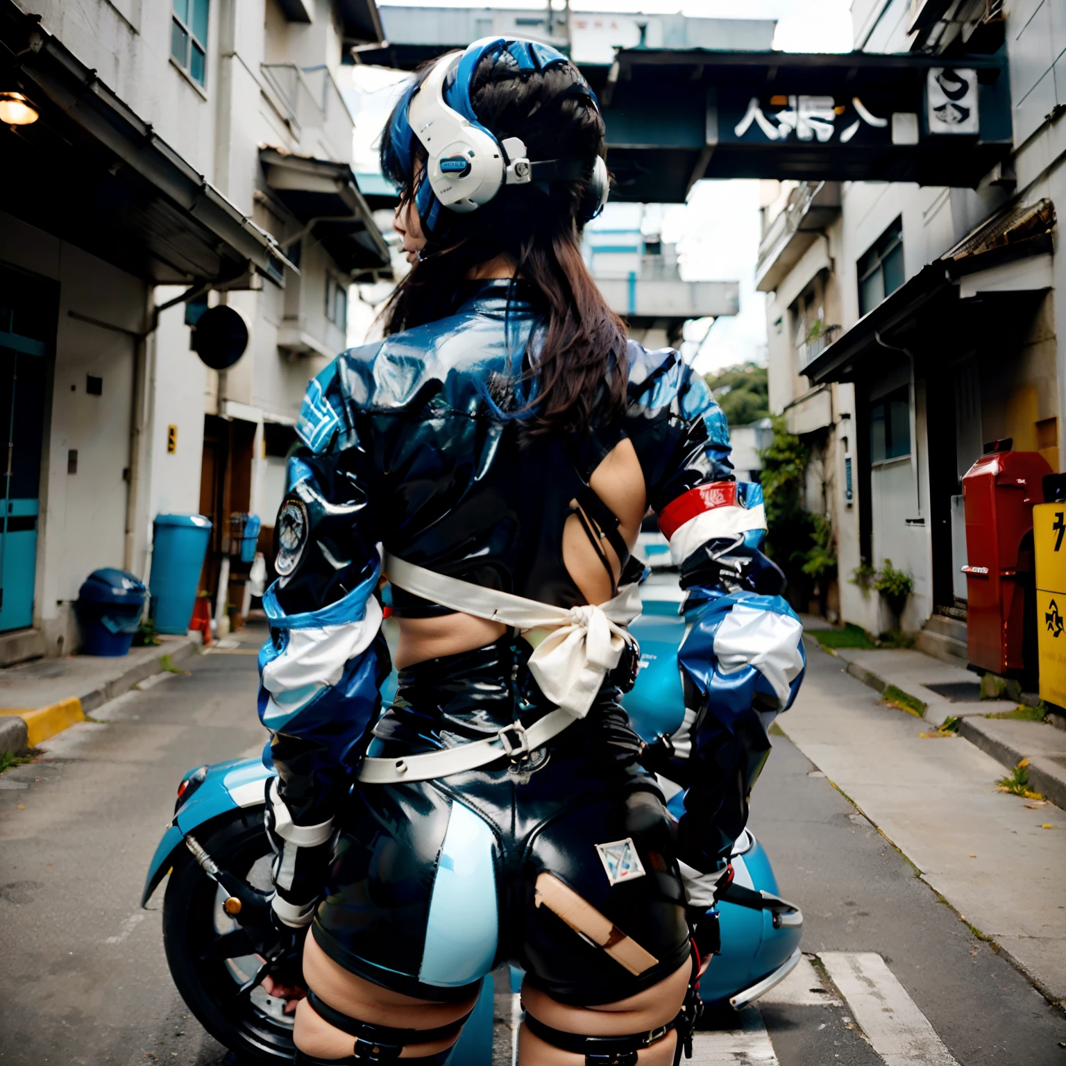 Rei ayanami pilot bondage, Photographed from a very beautiful back, detallada cuerpo completo, realista, biker, cabello azul, asiatica