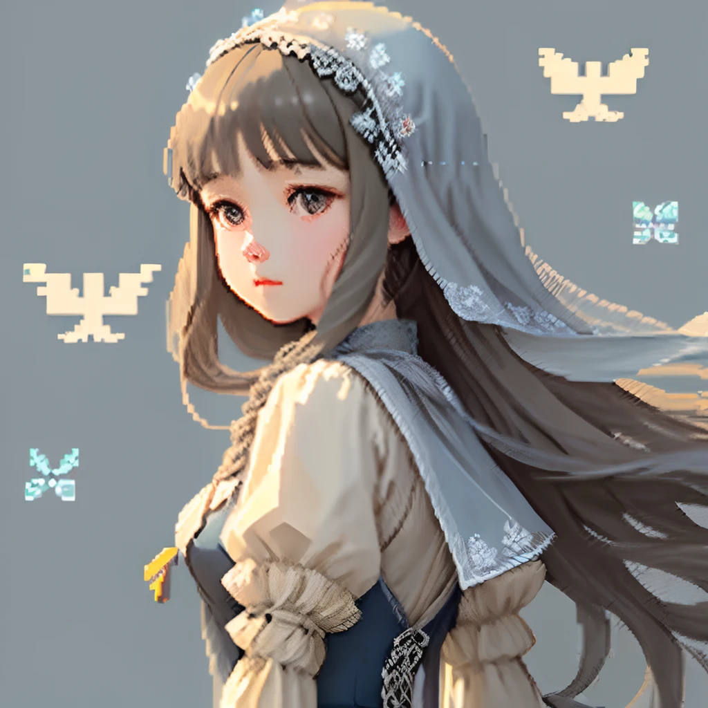 Pale light blue antique dress、Girl with long hair of dull blue-brown color、Blunt bangs、Pixel art、Pixel Art Illustration、pixels、Plain background、Upper body、For icons、pixels、Composition centered on the face、Straight face、Gothic headdress、pixels、Game-style illustration、Pixel art、pixels、Light shading、Fluttering hair、Back hair fluttering in the wind、pixels
