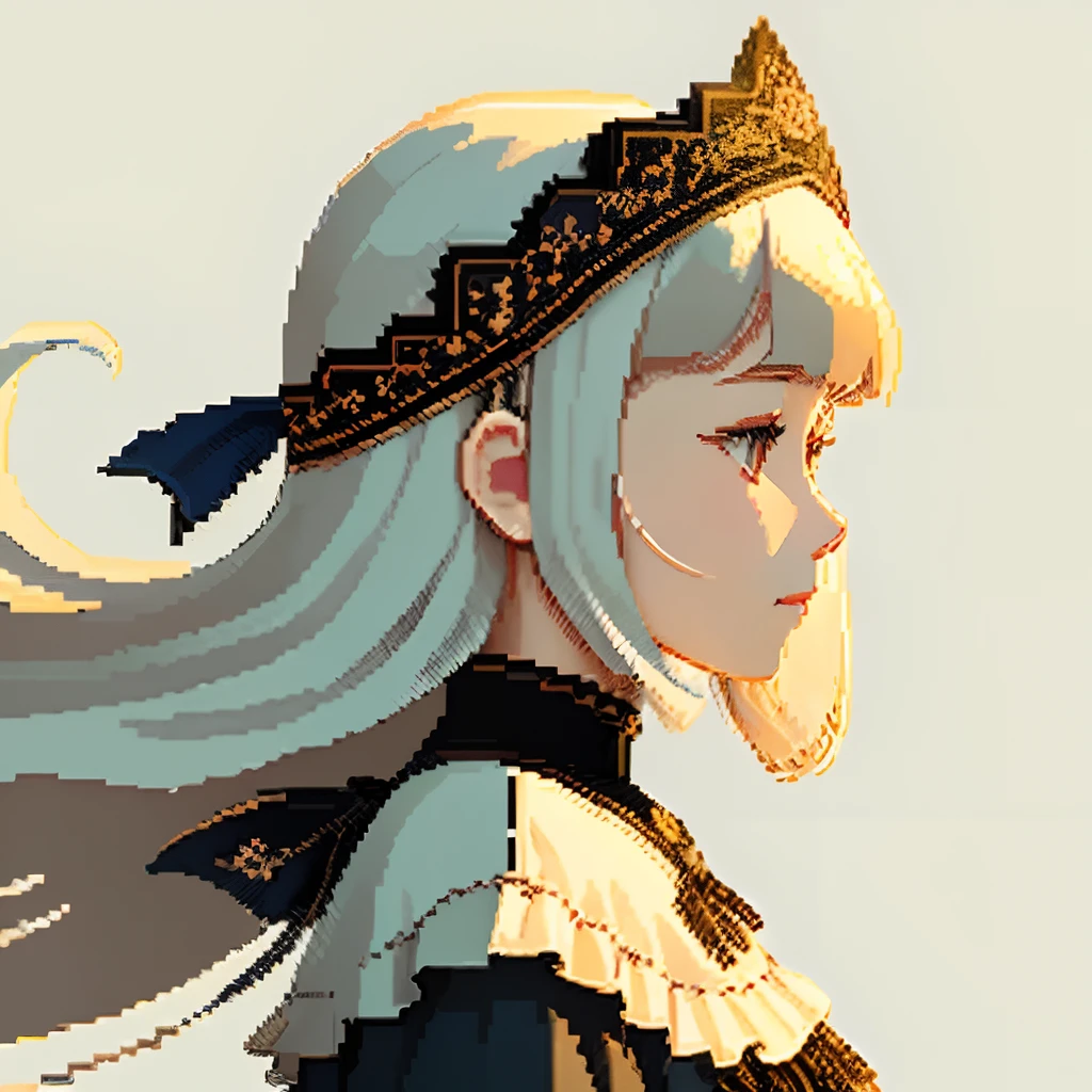 Pale light blue antique dress、Beige long-haired girl、Blunt bangs、profile、Pixel art、Pixel Art Illustration、pixels、Plain background、Upper body 、For icons、pixels_Art Book,Composition centered on the face、Straight face、Gothic headdress、pixels、Game-style illustration、Pixel art、pixels、Light shading、Fluttering hair、Back hair fluttering in the wind、pixels