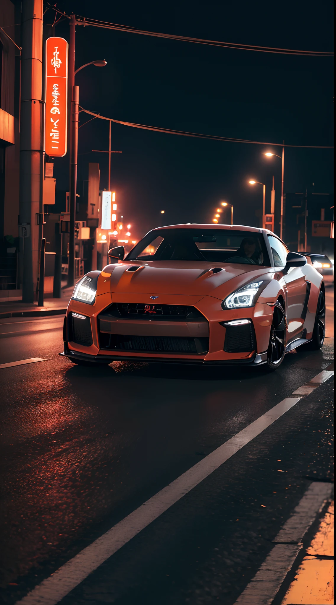 A GTR sports car,k hd,professional photoshooting,Winter towns,and the sun was shining brightly,Speeding down the road,Red street lights,Cyberpunk style,yuki