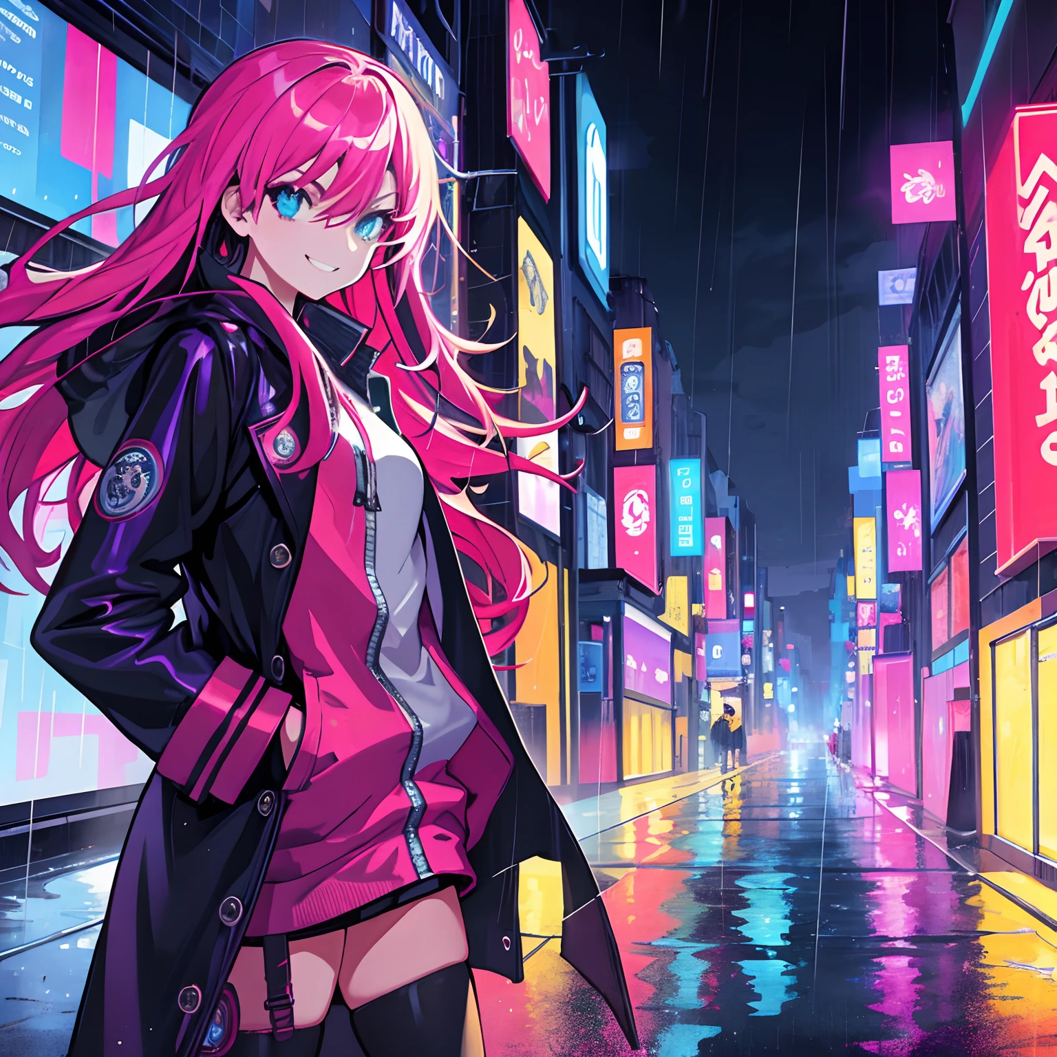 1girll,Night City,rain,Coat,Hands in pockets, Smiling, dangerous, Serious eyes, Vibrant colors, highest quality digital art, stunning art, Wallpaper 4k