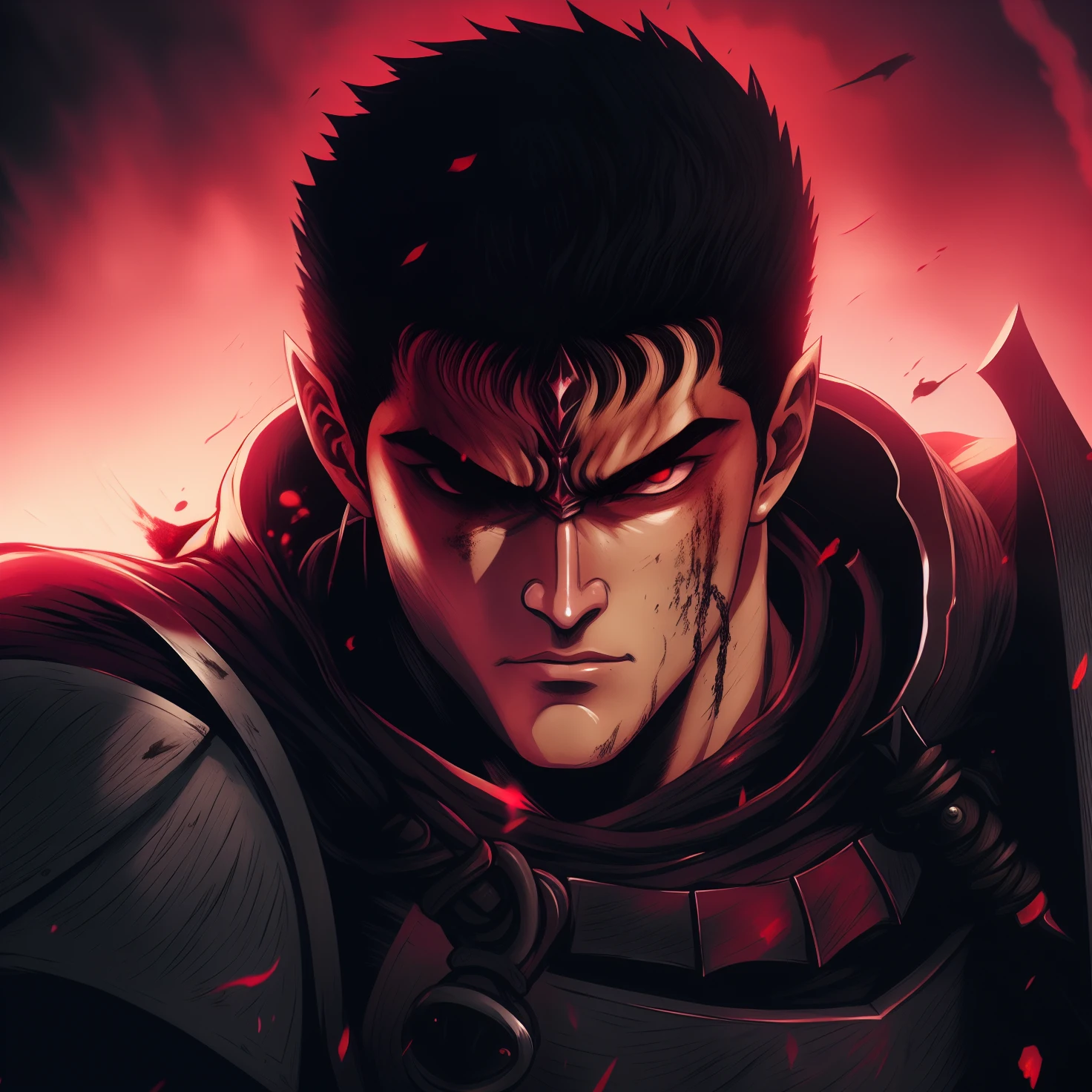 a close up of a man with a sword in his hand, berserk art style, berserk style, portrait of guts from berserk, berserk guts, berserk blood, guts berserk, berserk, from berserk, guts from berserk, berserk manga, in berserk manga, berserk skullknight black armor, guts