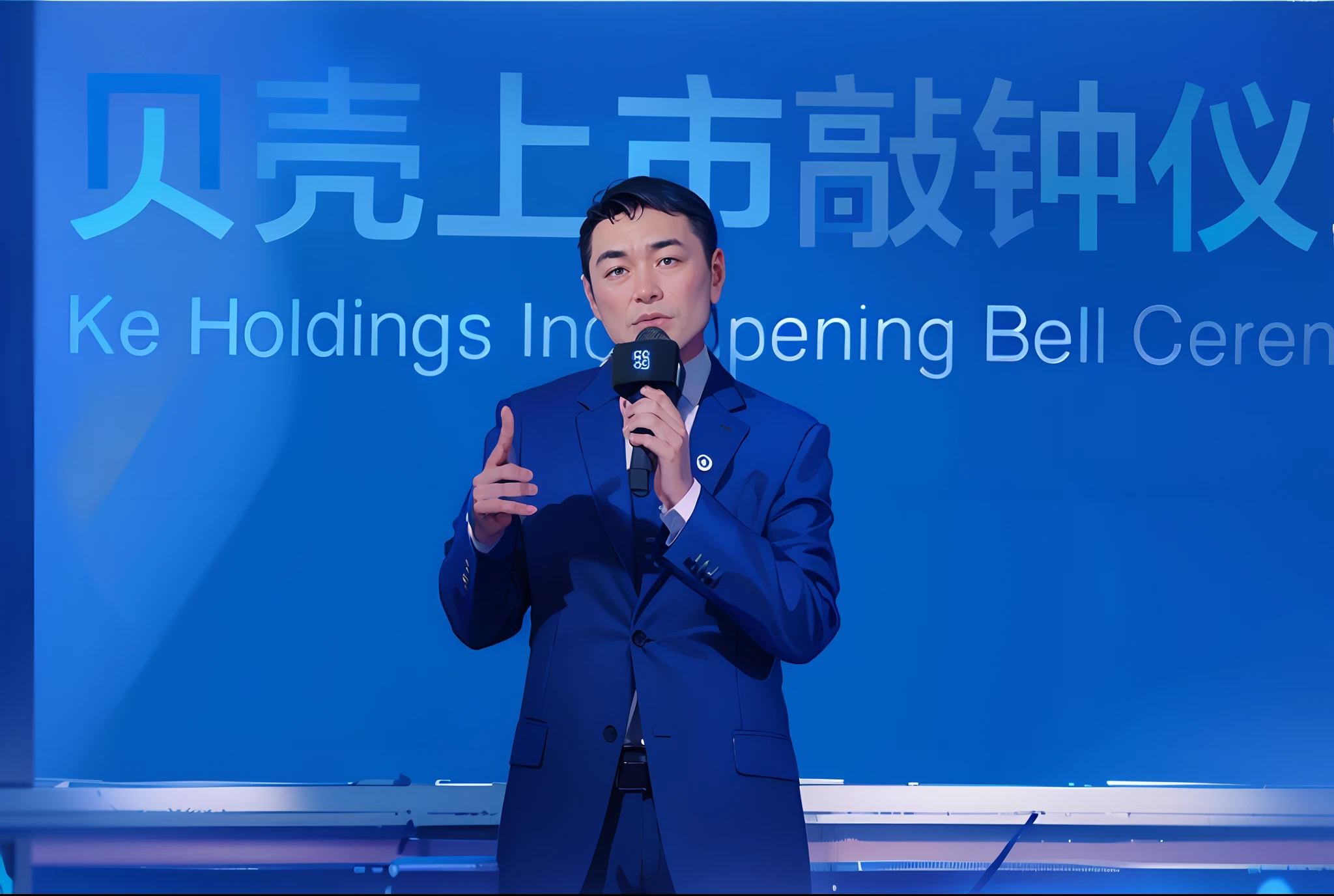 1 man, blue background, blue sky, mobile phone, formal, holding microphone, male focus, mobile phone, single, suit
