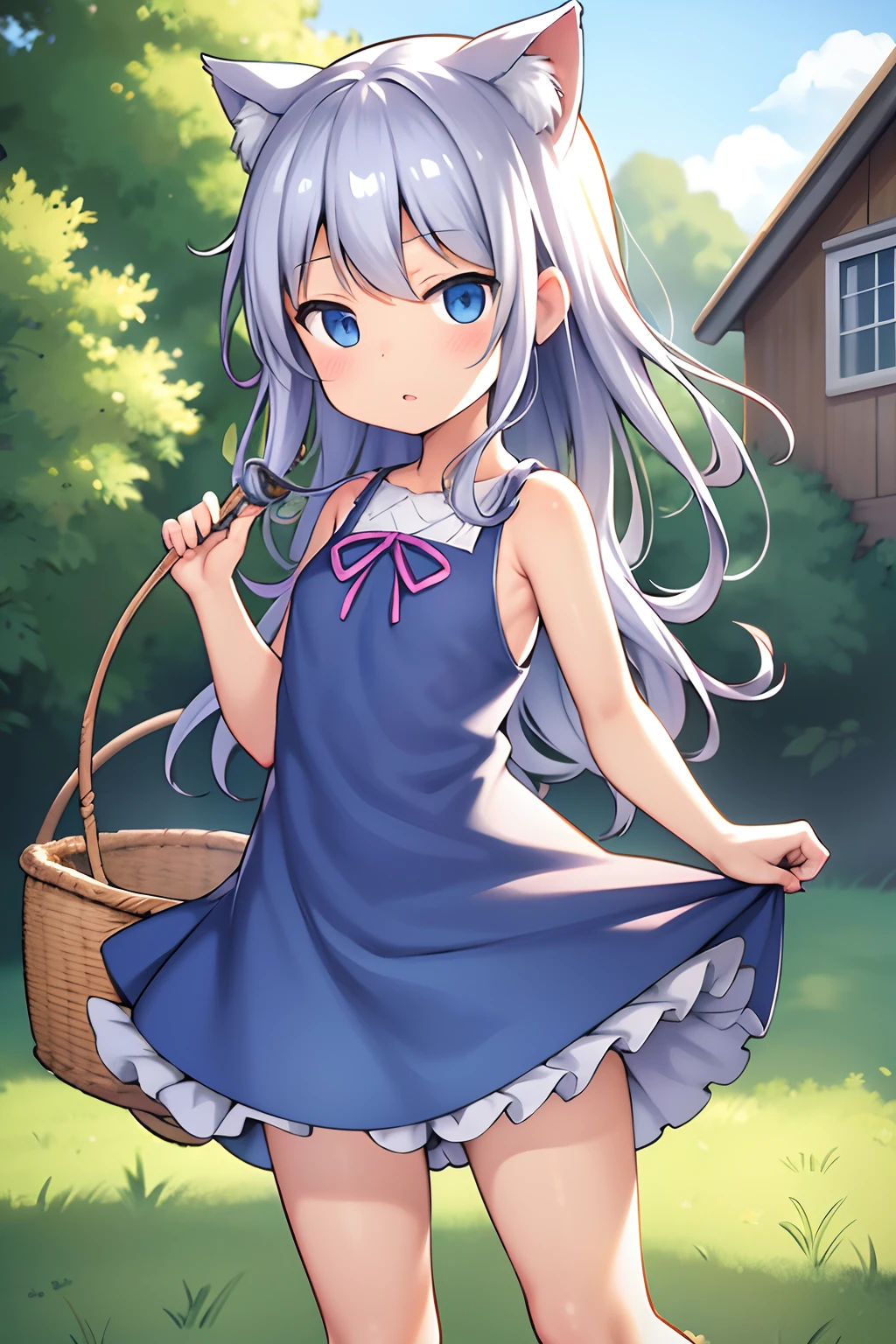 Cat-eared girl in white dress standing in garden, BREAK，silber hair，blue eyes，(((Sleeveless)))，Hang the laundry to dry，Holding a laundry basket with clothes，loli in dress, small curvy loli, artwork in the style of guweiz, guweiz on pixiv artstation, guweiz on artstation pixiv, guweiz, small loli girl, soft anime illustration, Anime visuals of cute girls, Detailed Digital Anime Art