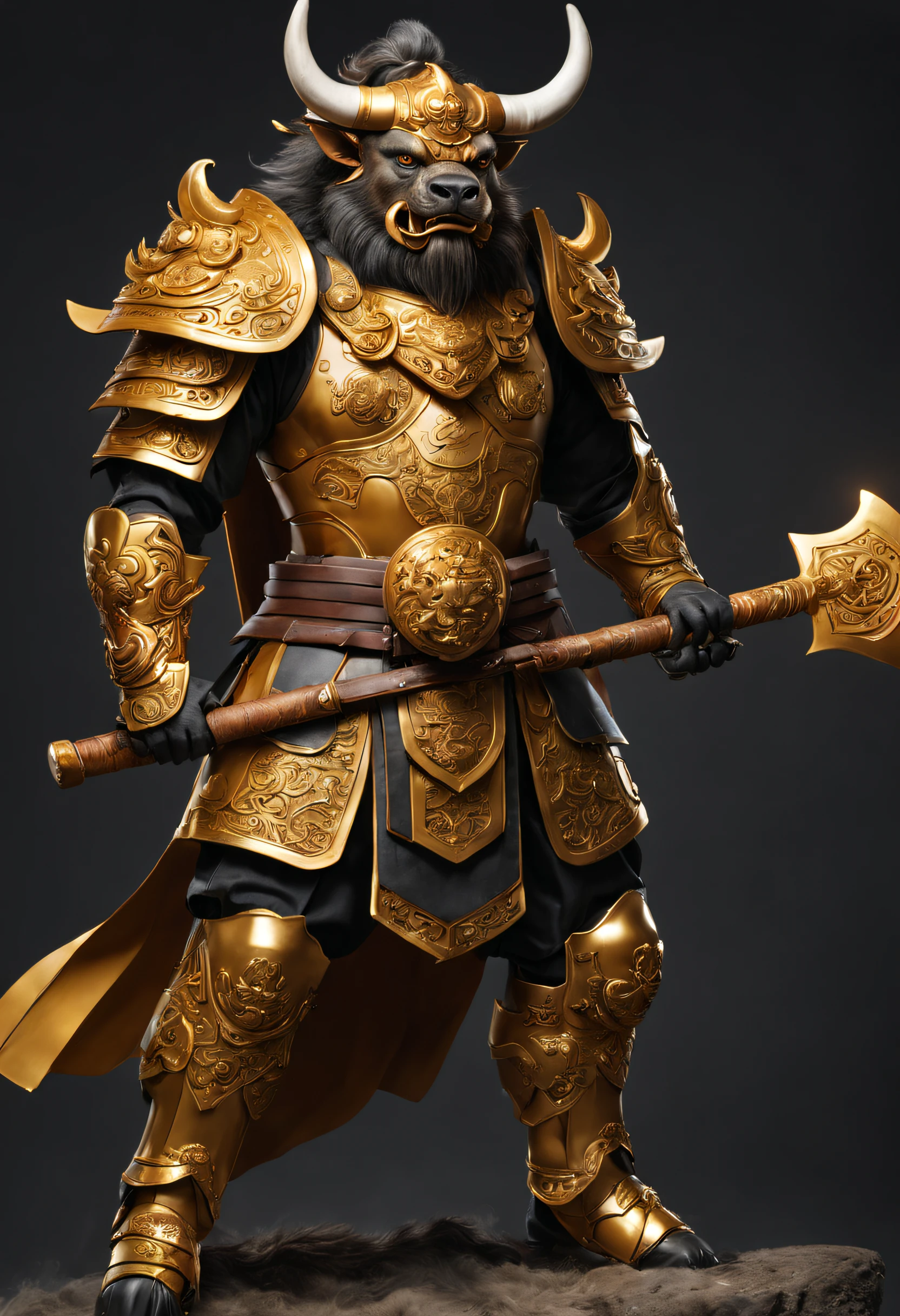 Realistic style photo full body of Chinese god legend buffalo with a human body holding Double Edge long handle Axe,bull face, bull head, wearing golden hanfu armor with intricately carved gold color steel armor, looks like a strong and dashing heroic general, intricate details, shining background and shine, highly detailed, trending on art station, sharp focus, studio photo, highly detailed, sharp face, sharp subject, detail subject, furry humanoid, no human head, no human face, animal face, animal head,