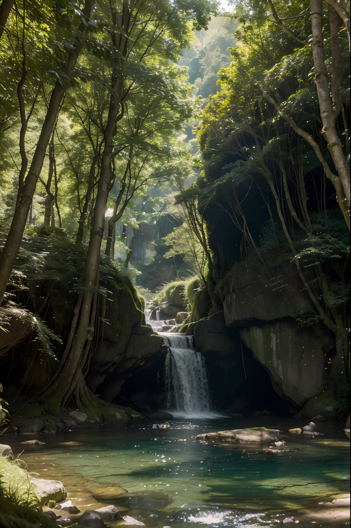 (best quality,4k,8k,highres,masterpiece:1.2),ultra-detailed,(realistic,photorealistic,photo-realistic:1.37),Zelda style scenery,landscape,enchanted forest,vibrant colors,magical lighting,sunlight filtering through trees,ancient ruins,waterfalls flowing into a sparkling river,hidden treasure chests covered in moss,overgrown vines and flowers,stunning mountain backdrop,ancient stone bridges,mythical creatures roaming in the distance,peaceful atmosphere,swaying trees in the gentle breeze,scattered rays of light illuminating the path,sacred temples with mystical inscriptions,hidden pathways leading to secret locations,rippling reflections on the water's surface,whispering voices carried by the wind,adventurous spirit,serene and tranquil setting.