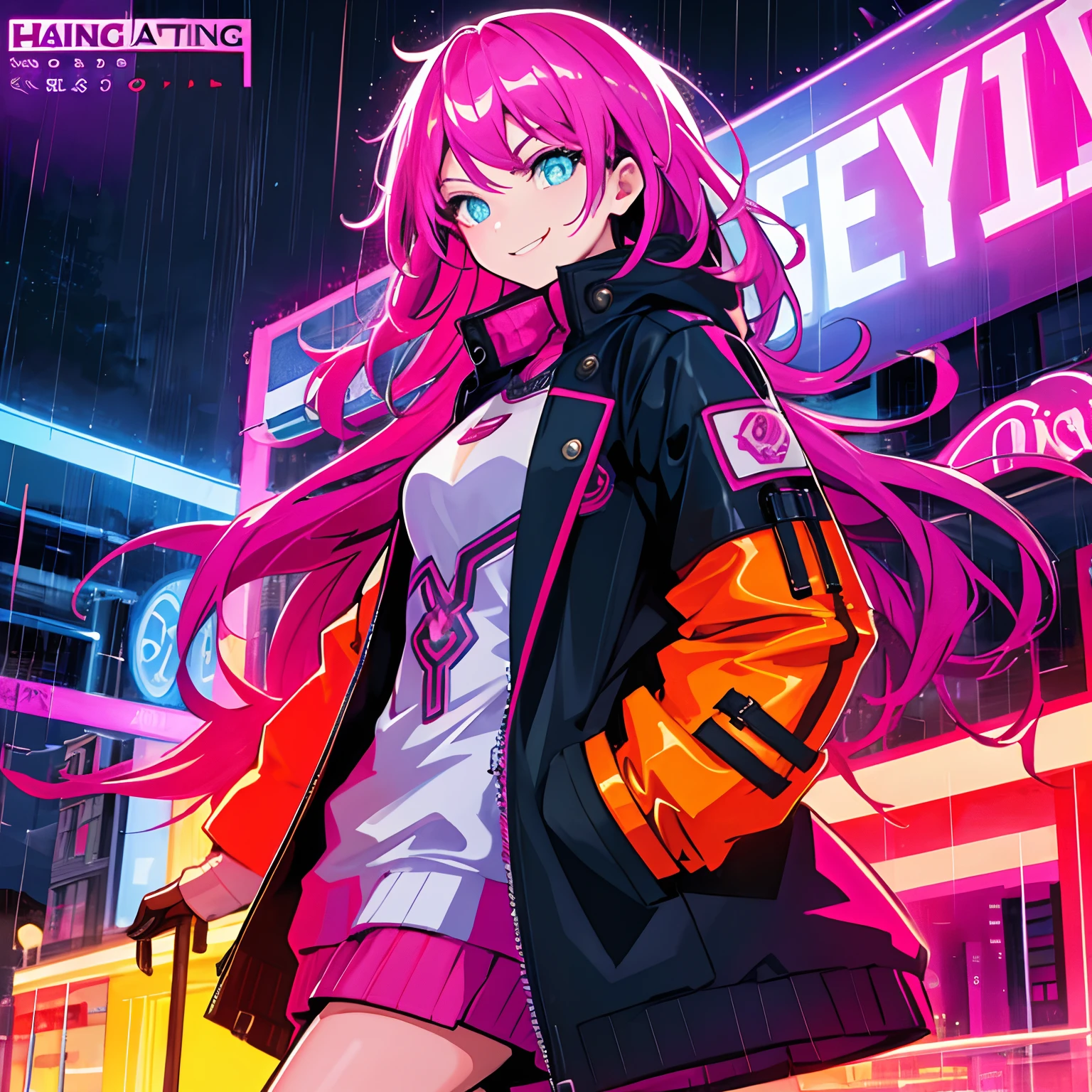 1girll,Night City,rain,Coat,Hands in pockets, Smiling, dangerous, Serious eyes, Vibrant colors, highest quality digital art, stunning art, Wallpaper 4k