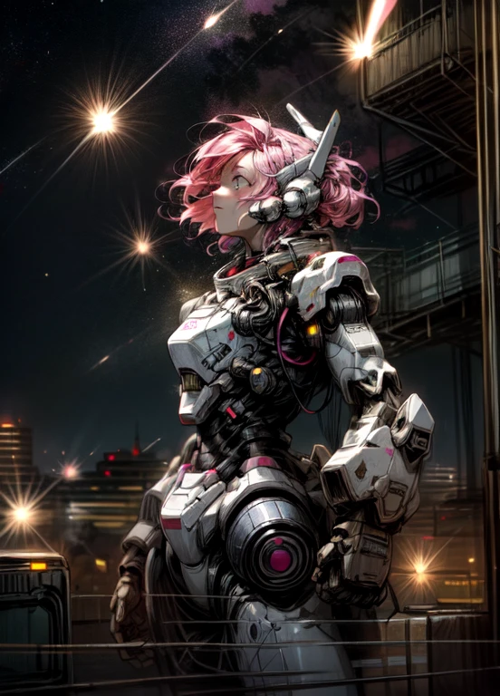 Cosmos, Meteor, Space Station, Glow, Robot, Mecha Girl, Pink Hair, Architecture, glowing_eyes, Mecha, Science Fiction, City, Reality, Mecha