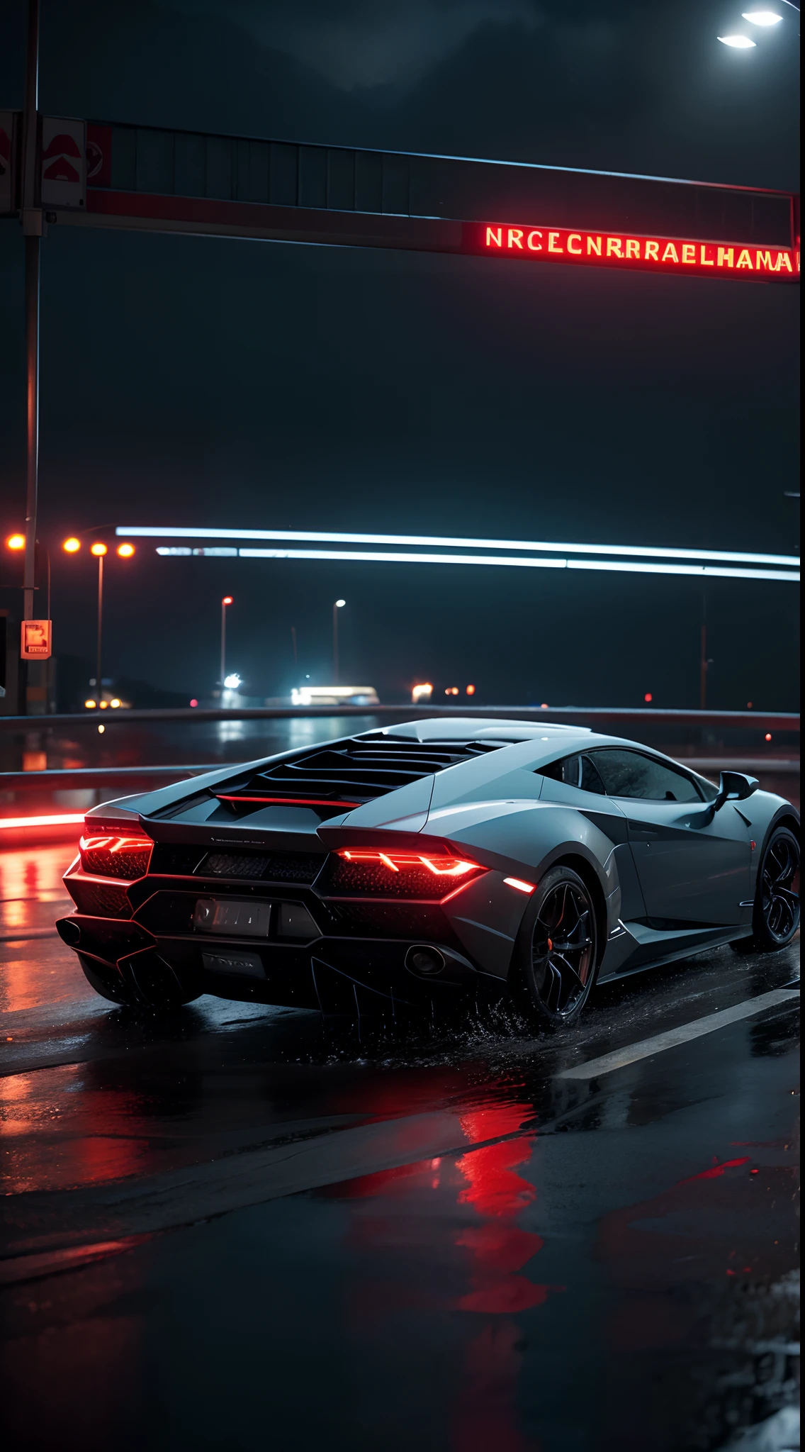 A Lamborghini sports car,professional photoshooting,k hd,4k,rained(1.5),nigth,Red street lights,towns,Buildings,Window raindrops(1.2),Splashing water(1.4),Cyberpunk style