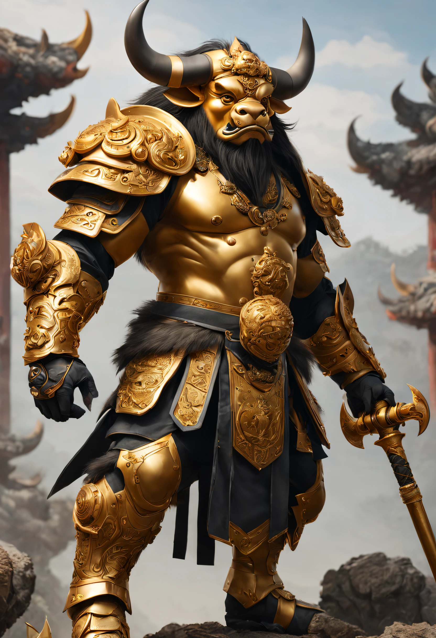 Realistic style photo full body of Chinese god legend buffalo with a human body holding Double Edge long handle Axe,bull face, bull head, wearing golden hanfu armor with intricately carved gold color steel armor, looks like a strong and dashing heroic general, intricate details, shining background and shine, highly detailed, trending on art station, sharp focus, studio photo, highly detailed, sharp face, sharp subject, detail subject, furry humanoid, no human head, no human face, animal face, animal head,
