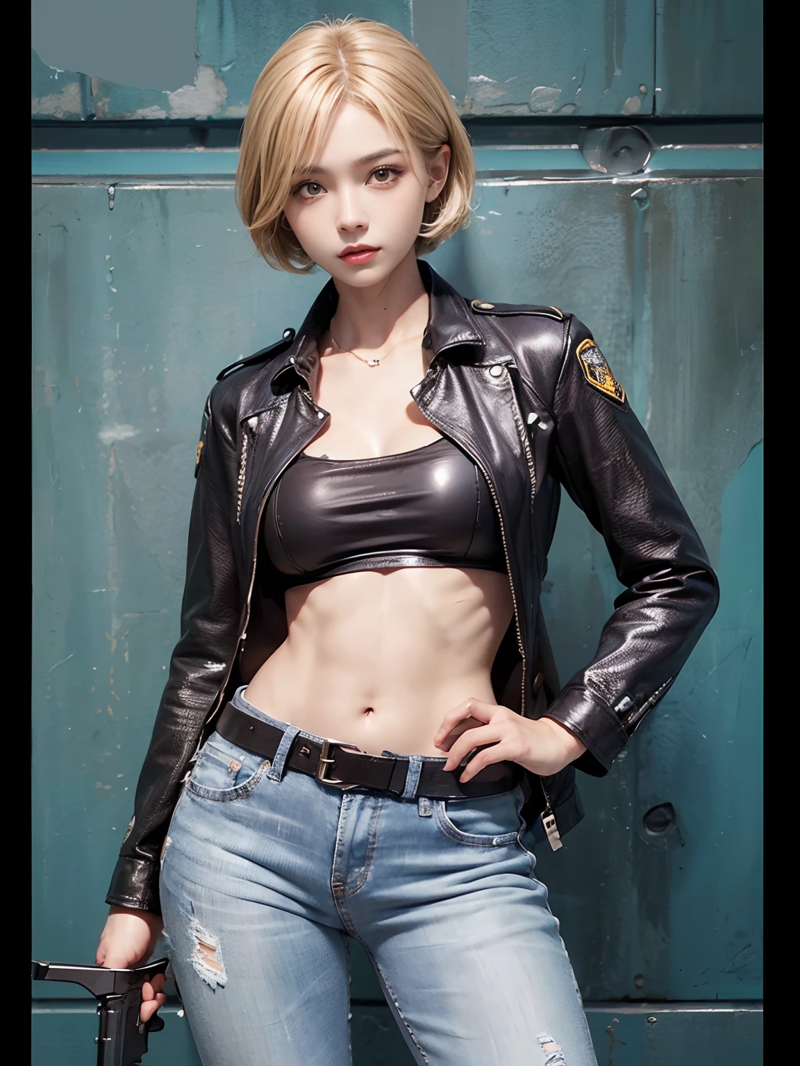 ((Highest quality, 8K, masterpiece :1.3)), Sharp focus :1.2, Beautiful woman with perfect figure :1.4, Slim Abs :1.2, ((Big Breasts, Emphasize cleavage:1.3)), (Photorealistic:1.4), (realistic:1.4), (Blonde:1.5), Highly detailed face and skin texture, Fine grain, double eyelid. Makeup face. A little bit of lipstick, necklace, Earrings, sex appeal, Sexy gravure pose, ((Sexy woman in black leather jacket and shorts。A cool expression on the abandoned factory grounds、Leaning against a wall。: 1.3)