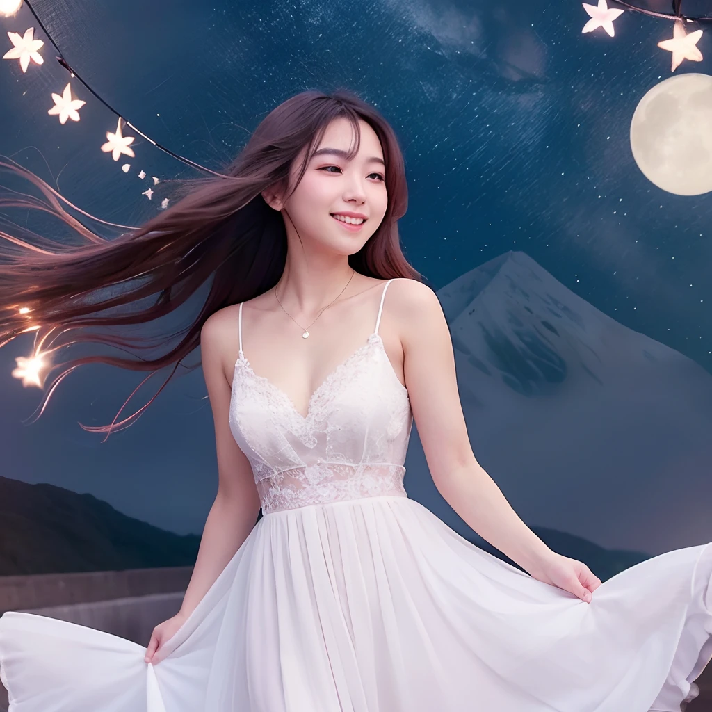 femele、florals、flower bouquet、with light glowing、tender、Pale colors、The warm、Natural light、A slight smil、sense of security、Relaxed atmosphere、Happiness、Feeling of relaxation、Free facial expressions、Hair that flutters in the wind、Circle of Angels、Dreamy background、Soft eyes、Graceful pose、Adorable dresses、romantic atmoshere、Stars in the night sky、fantastical light、Clothes swaying in the breeze、In harmony with nature、Mysterious air、Pure charm、Happy moments、Beautiful eyes、Subtle charm、Immersive moments、A once-in-a-lifetime encounter、A smile that captivates your heart。