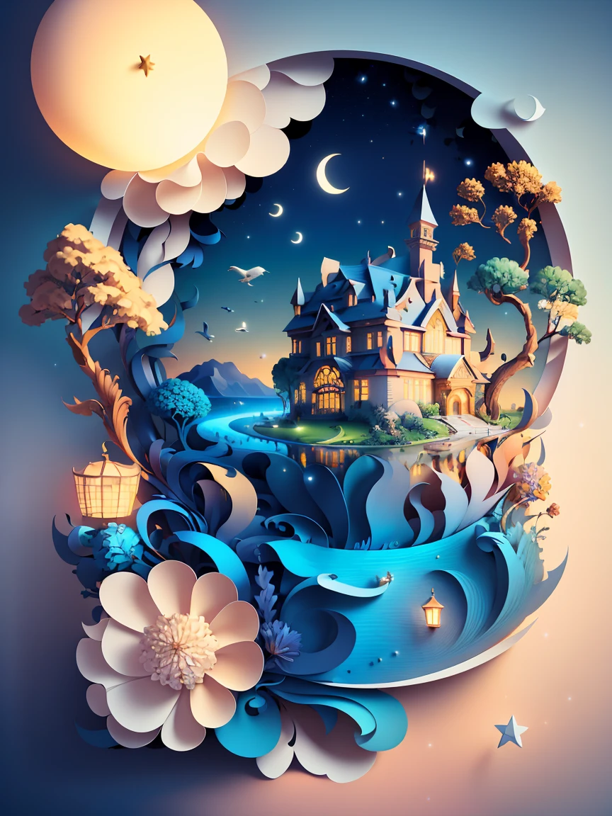 (((masterpiece))),best quality, illustration, sky, cloud, water, star \(symbol\), tree, no humans, night, bird, moon, building, star \(sky\), night sky, scenery, starry sky, watercraft, castle, ship, waves, tower, boat. vibrant color scheme, Soft light,(warm color:1.2),Water color painting, light background, best quality exquisite details,3d rendering,Octane render, pastel, paper_cut