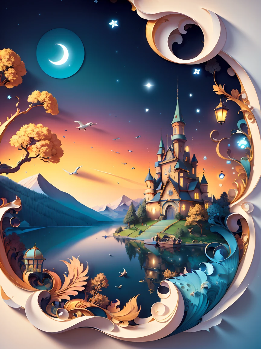 (((masterpiece))),best quality, illustration, sky, cloud, water, star \(symbol\), tree, no humans, night, bird, moon, building, star \(sky\), night sky, scenery, starry sky, watercraft, castle, ship, waves, tower, boat. vibrant color scheme, Soft light,(warm color:1.2),Water color painting, light background, best quality exquisite details,3d rendering,Octane render, pastel, paper_cut