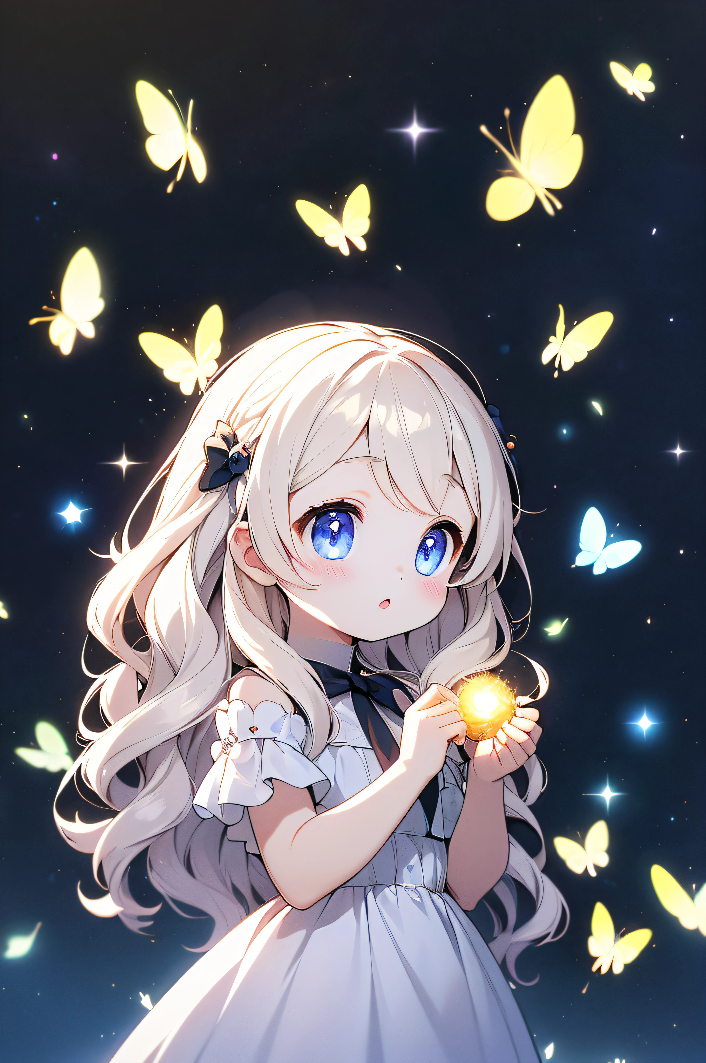 masterpiece、Background with((starrysky、Meteor swarm、black hole))kawaii girl、Delicate embroidery on a white dress、Blonde Long、Fantastic luminescent butterflies fluttering