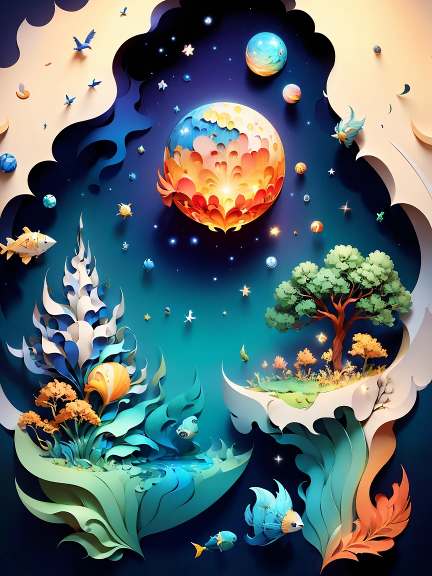 (((masterpiece))),best quality, illustration, earth, water ,fire, wind , space , paper_cut,