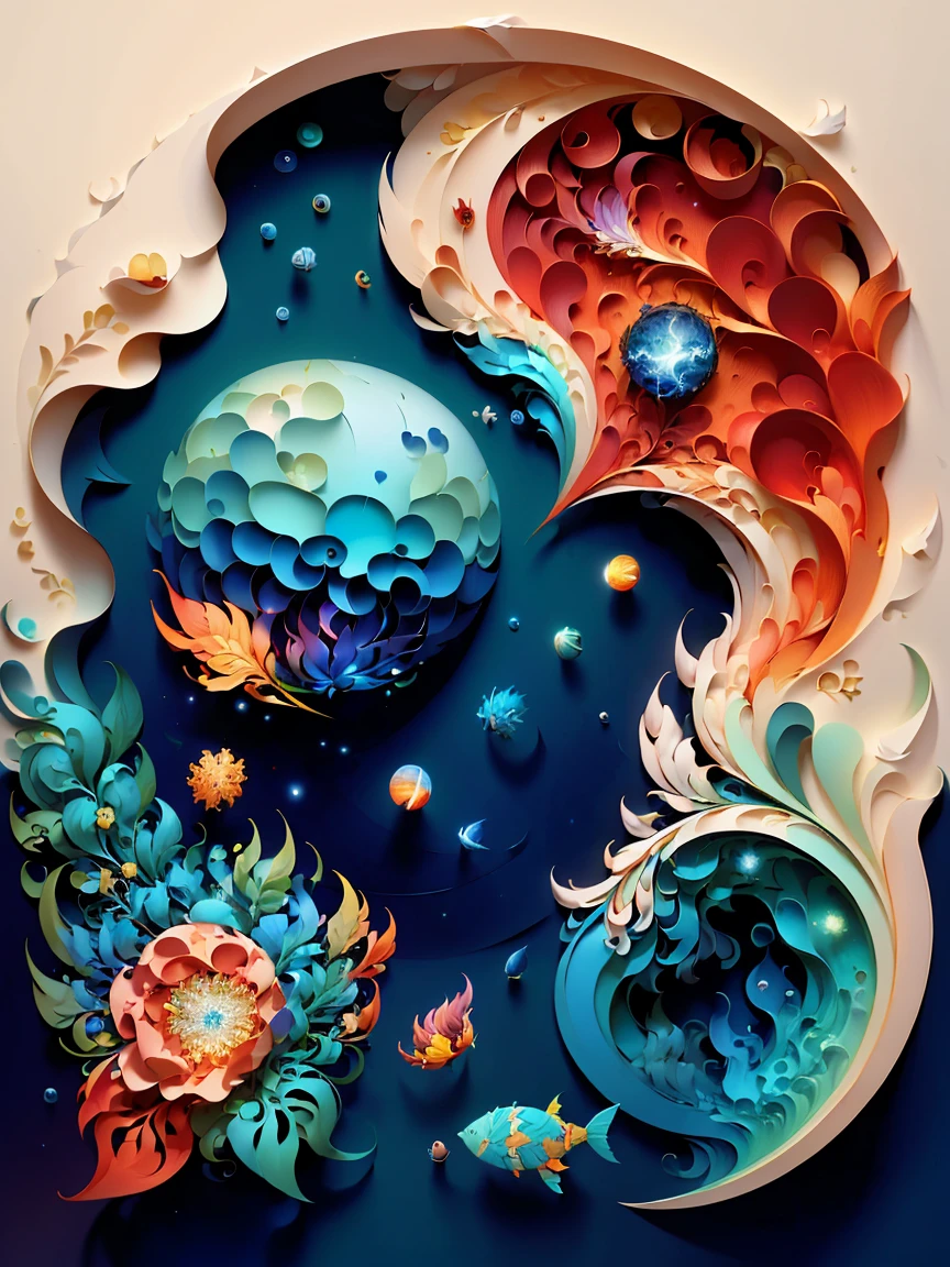 (((masterpiece))),best quality, illustration, earth, water ,fire, wind , space , paper_cut,