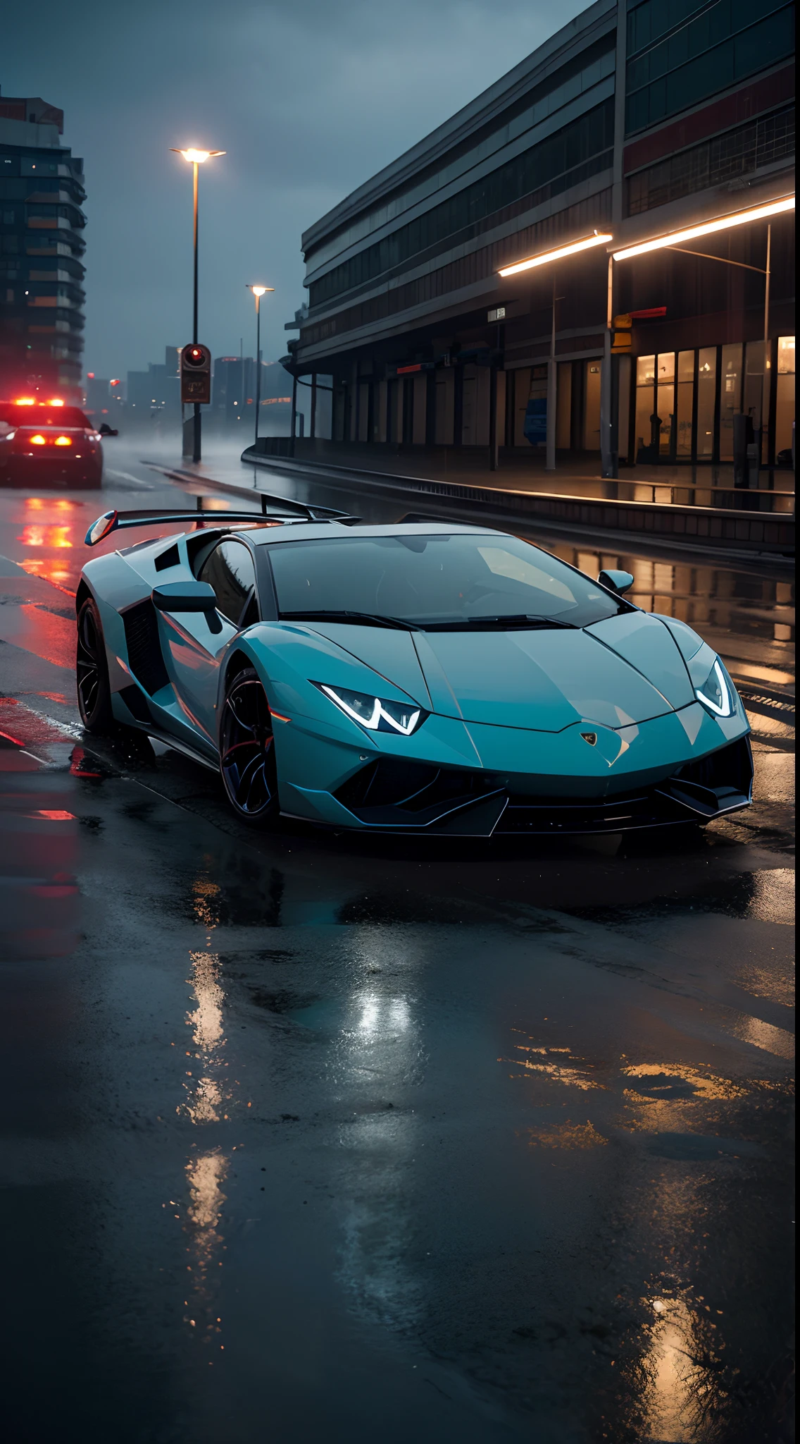 A Lamborghini sports car,professional photoshooting,k hd,4k,rained(1.5),nigth,Red street lights,towns,Buildings,Window raindrops(1.2),Splashing water(1.4),Cyberpunk style