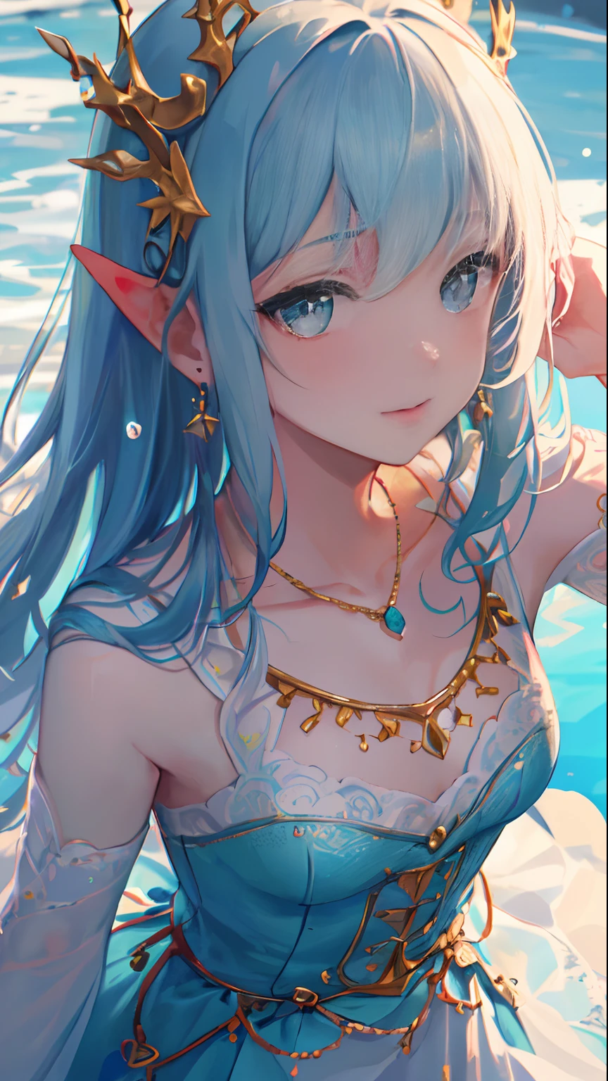 blue hair, elf ears, fantasy, long hair, no accecories, (full body), (((tight swimsuit)))