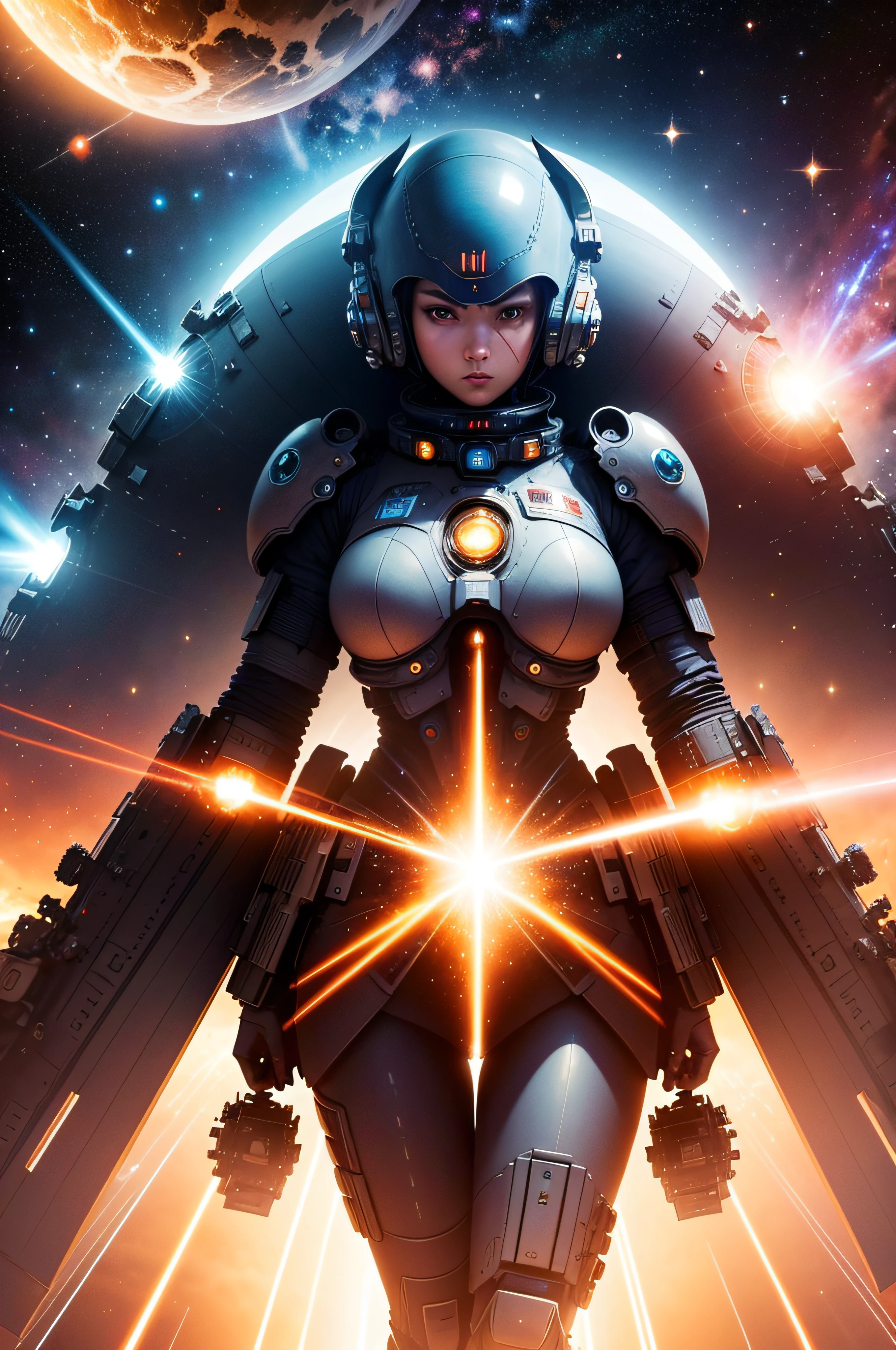 Produce an hyper-detailed portrayal of gigantic wars in the outer space between human race and alien, spaceship, laser beam, explosion, shining stars, battleships, The atmosphere should echo the epic galactic wars, hyper detailed image, 32k, extremely high quality, vibrant colors by Ray Shark