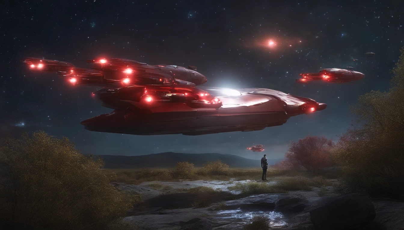 The stars shine,One or two are shiny silver、Hideous spaceships travel through the universe,Behind him was a field of red-glowing robots