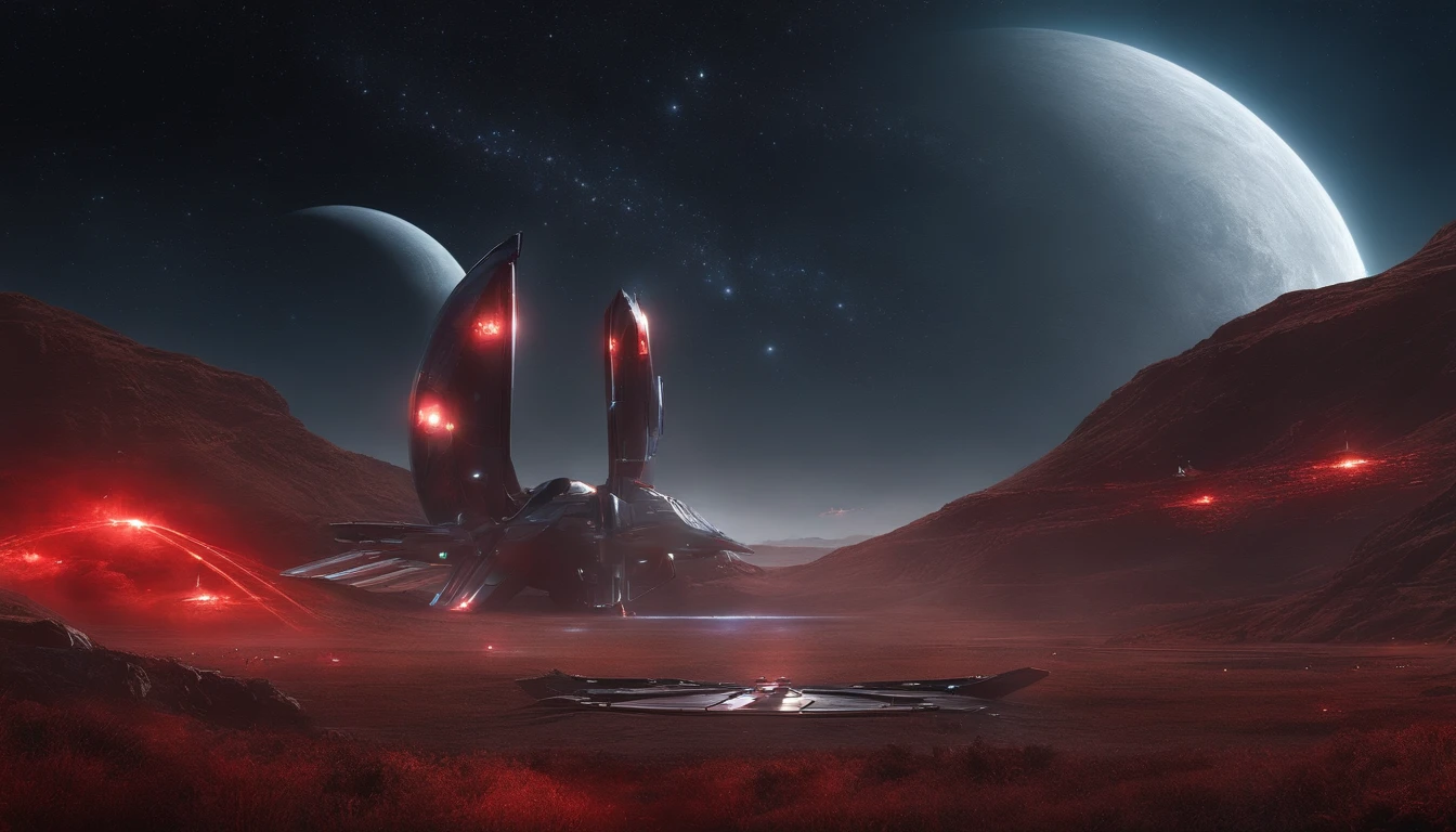 The stars shine,One or two are shiny silver、Hideous spaceships travel through the universe,Behind him was a field of red-glowing robots