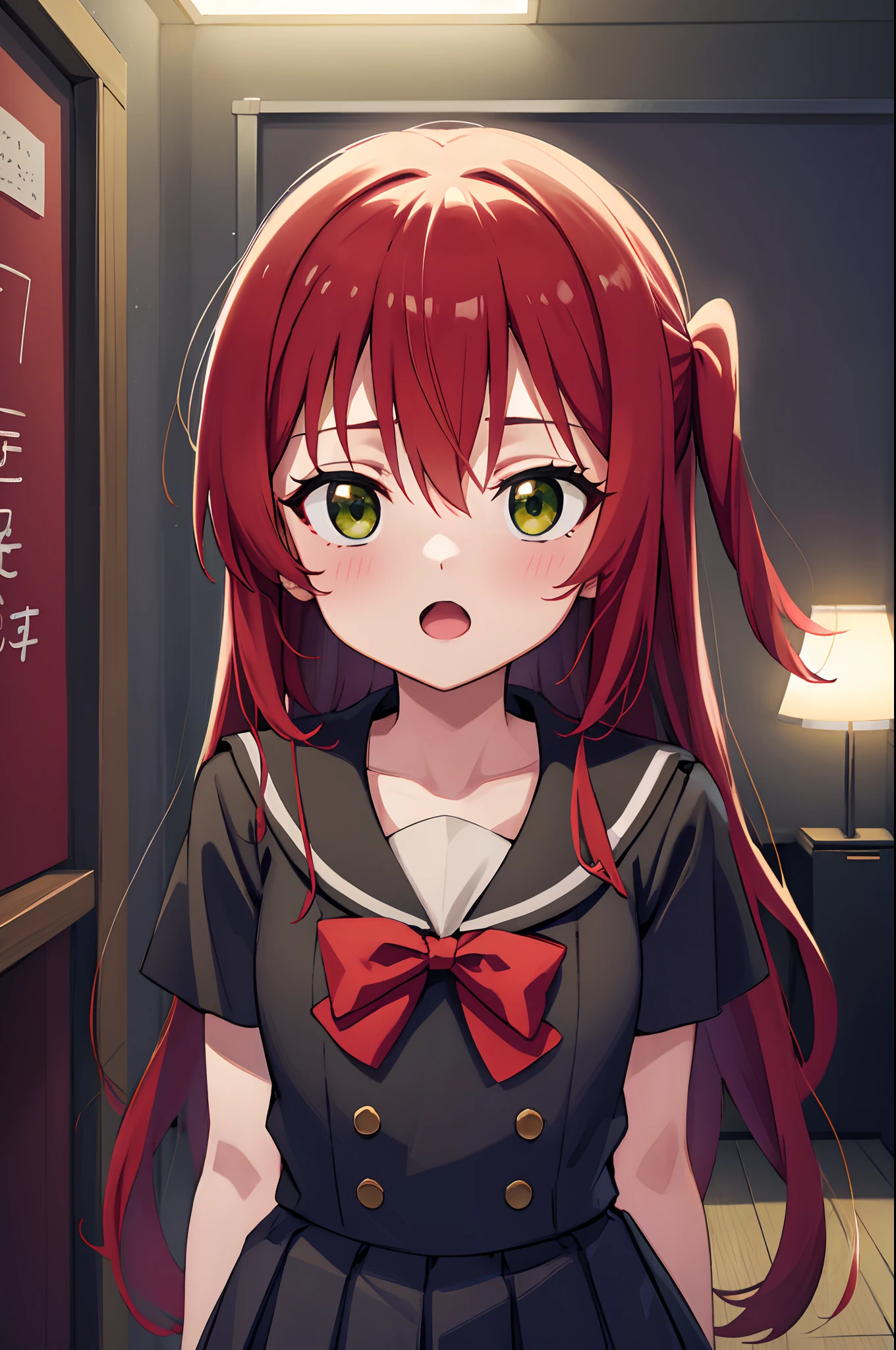 kitaikuyo, ikuyo kita, (green eyes:1.5), hair between eyes, long hair, one side up, red hair, (flat chest:1.2),
BREAK black footwear, black skirt, grey sailor collar, pleated skirt, sailor collar, school uniform, shoes, short sleeves, shuka high school uniform, skirt,,
BREAK looking at viewer,
BREAK indoors, classroom,
BREAK (masterpiece:1.2), best quality, high resolution, unity 8k wallpaper, (illustration:0.8), (beautiful detailed eyes:1.6), extremely detailed face, perfect lighting, extremely detailed CG, (perfect hands, perfect anatomy),up chest.big breasts.Surprised face.open mouth.