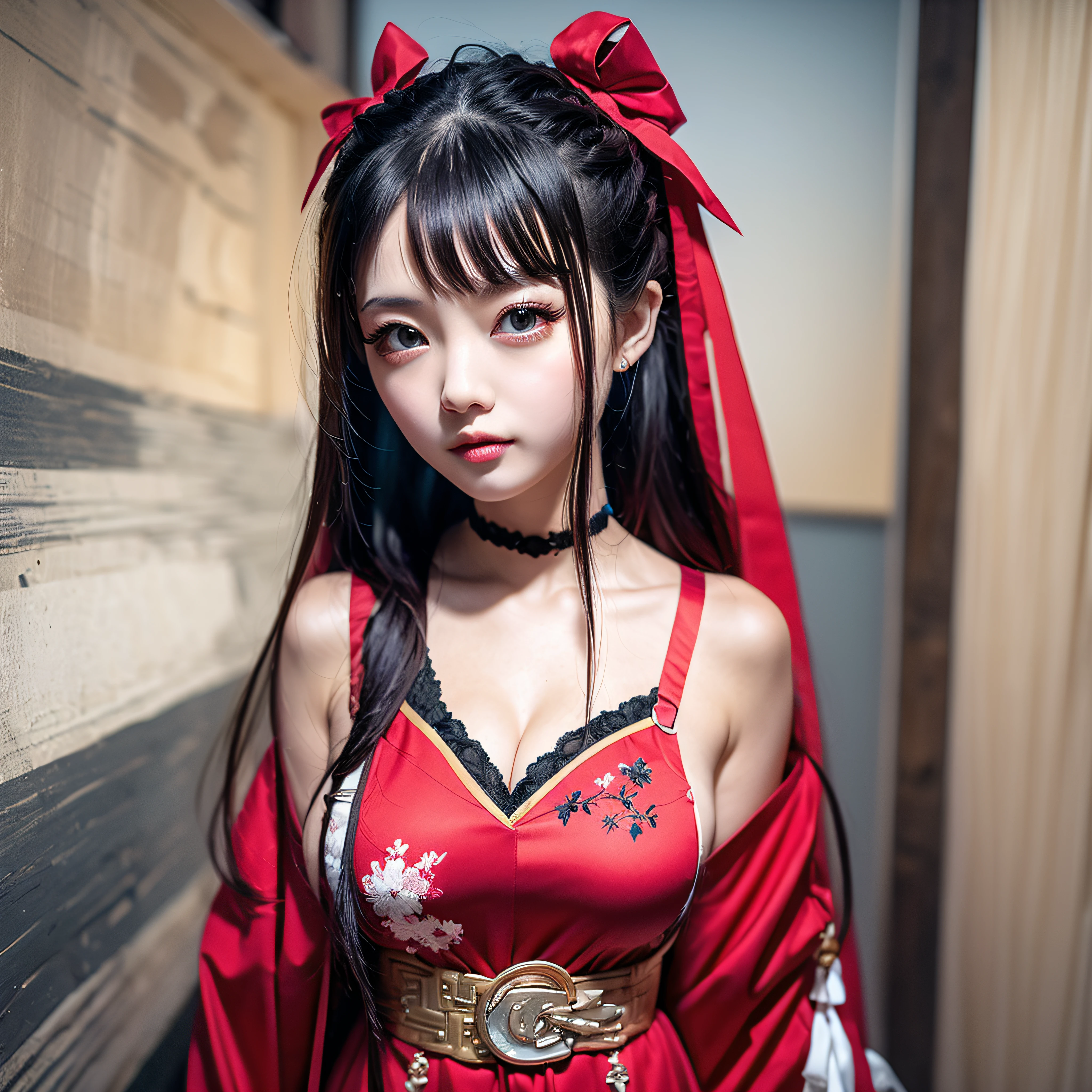 13 year old girl，Exquisite facial features，Red clothes，Chinese woman，cleavage, V-neck,8K分辨率，Real light