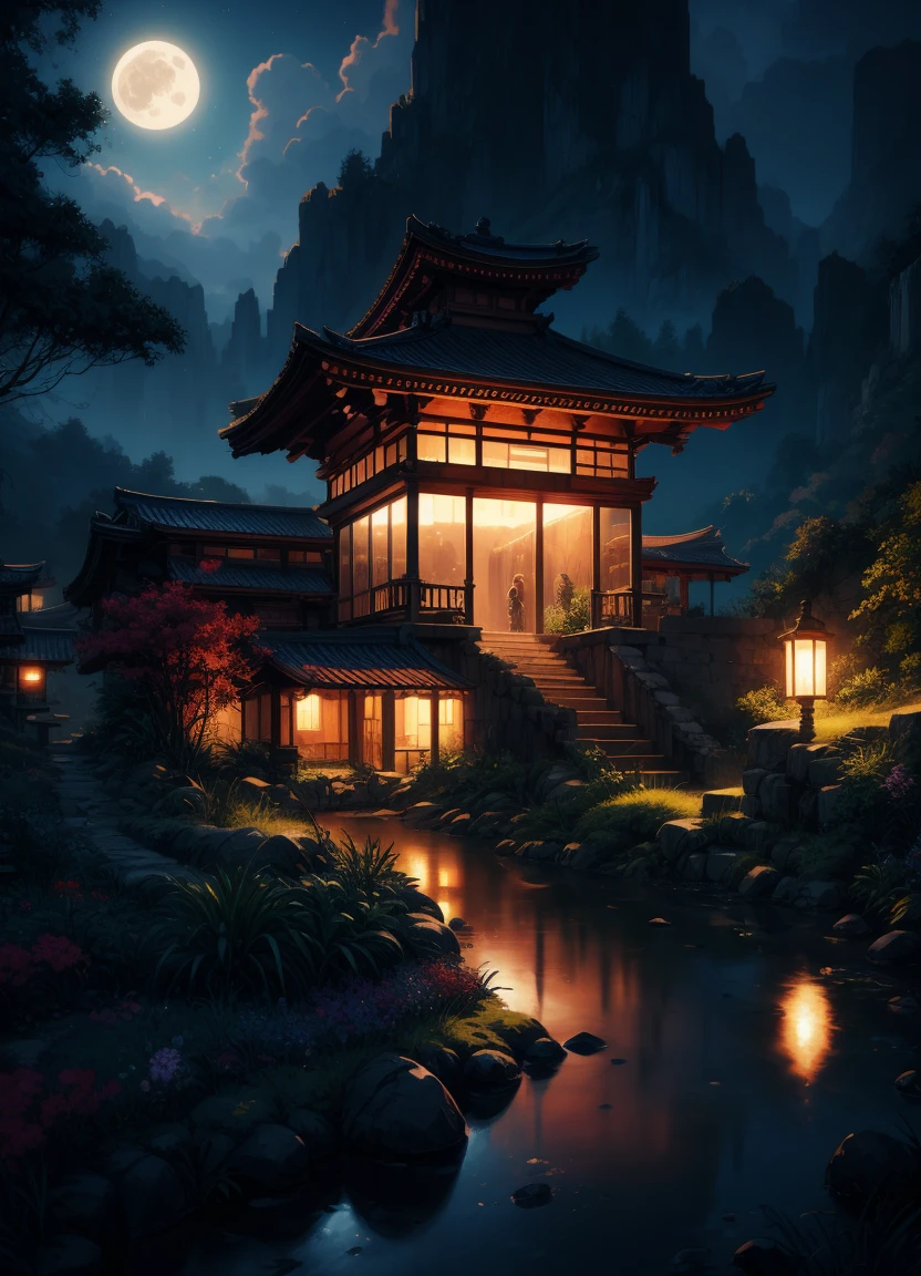 painting of an ancient tori garden, architecture , beautiful scenery, waterfall, fantasy, moonlight,((glistening look)),ghibi style, hd, High quality, water reflection, bushes,4k hd, cloud,beautiful art uhd 4 k, a beautiful artwork illustration, beautiful digital painting, highly detailed digital painting, beautiful digital artwork, detailed painting 4 k, very detailed digital painting, rich picturesque colors, gorgeous digital painting