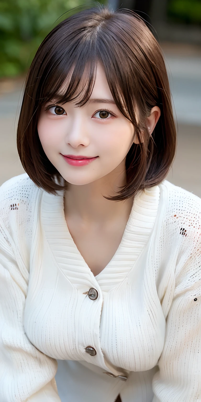 masutepiece, Best Quality,
Ultra-detailed, finely detail, hight resolution, in 8K,
((Photorealsitic:1.4, Raw photography, 超A high resolution,Top image quality: 1.4)),
Wallpaper,
((Perfect whole body configuration1.5)),
Beautiful detailed eyes, Natural Color Lip,
((a serene smile:1.5)),
((Random and cute hairstyles)),
((rather large breasts、You can see the chest:1.2)),
((from the front side:1.5)),
((breastsout、under look eyes、breastsout、Mole on the arm:0.9)),
((Random blurry background)),((the setting sun)),((Colored leaves)),
((Random and cute facial expressions)),,
very detailed and professional lighting、
Perfect dynamic composition, Beautiful detailed eyes,((leaning-forward:1.5)), ((White knitwear:1.5))、((coat:1.6)),((micromini skirt:1,5)),((Smile,Harajuku)),((Crouch down and stare at the camera))