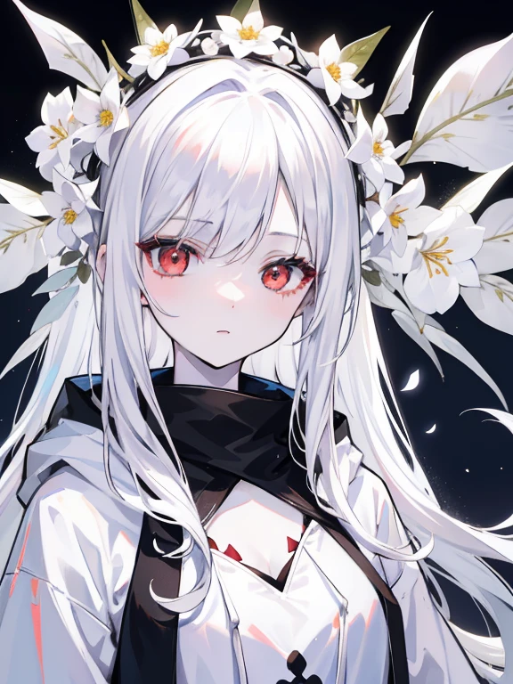 pale skin, White hair, Black hoodie, white blossoms, flower on head, Twin-tailed, Lori, Solo,{{Best Quality}}, {{masutepiece}}, {{Ultra-detailed}}, {Illustration}, {Detailed light}, Red Eyes,Long hair