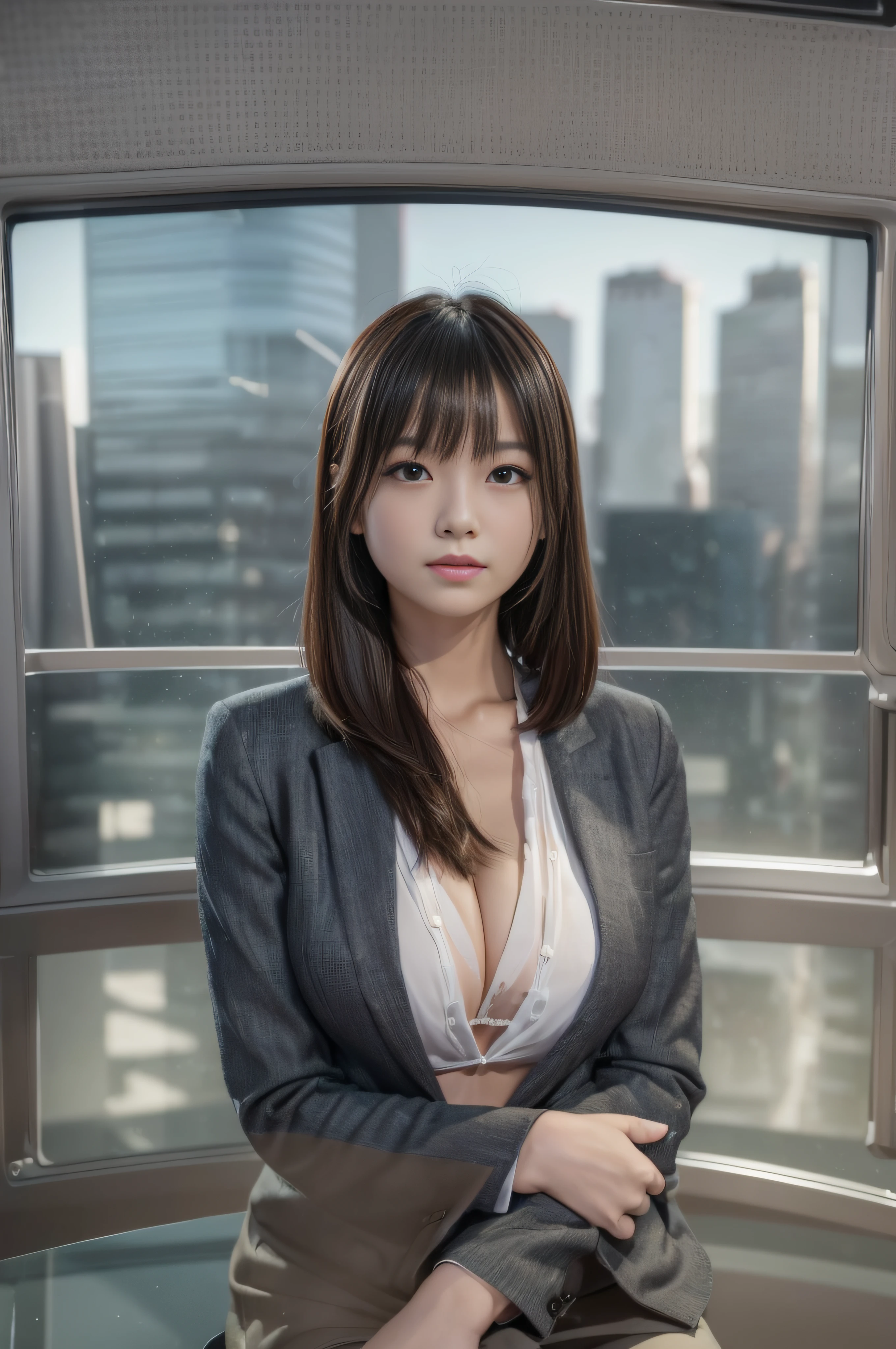 ((News broadcast studio:1.4)), newscaster, compere, A calm woman, Large wide display, (Cityscape).

Break

((Best quality, 8K, Masterpiece :1.3)), (Realistic, Photorealistic:1.4)Pretty Women with Perfect Figure :1.4, ((No underwear:1.4)), Beautiful, Smile, (Bright:1.4),, (Highly detailed face:1.2), cleavage, V-neck, (Career Slim Suit 1.4), Detailed eyes, 二重まぶた, japanese beautiful woman, Sitting, Slim:1.9, Slender, Oily skin, Shiny skin, velvet, Paper on the table, Bob cut,