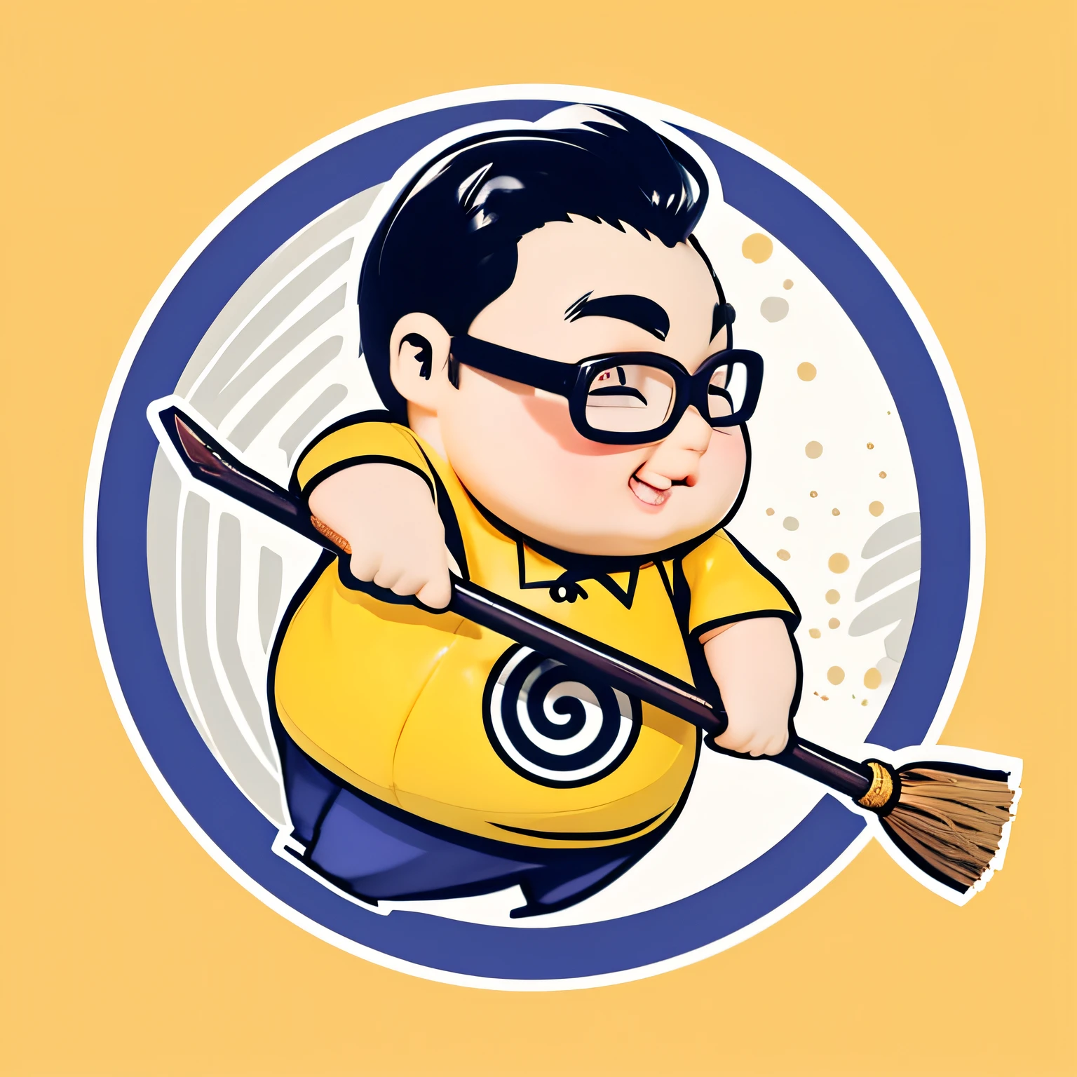 A cartoon character of a man sweeping the floor with a broom, sweeping the floor, broom, Avatar image, nerd man character portrait, Cartoon style illustration, Japanese cartoon style, clean vector art, sam yang, majestic sweeping action, avatar for website, Magic Broom, yellow magic theme, Vector illustration, typical cryptocurrency nerd, pick wu, jinyiwei, Cute cartoon character, cartoonish vector style