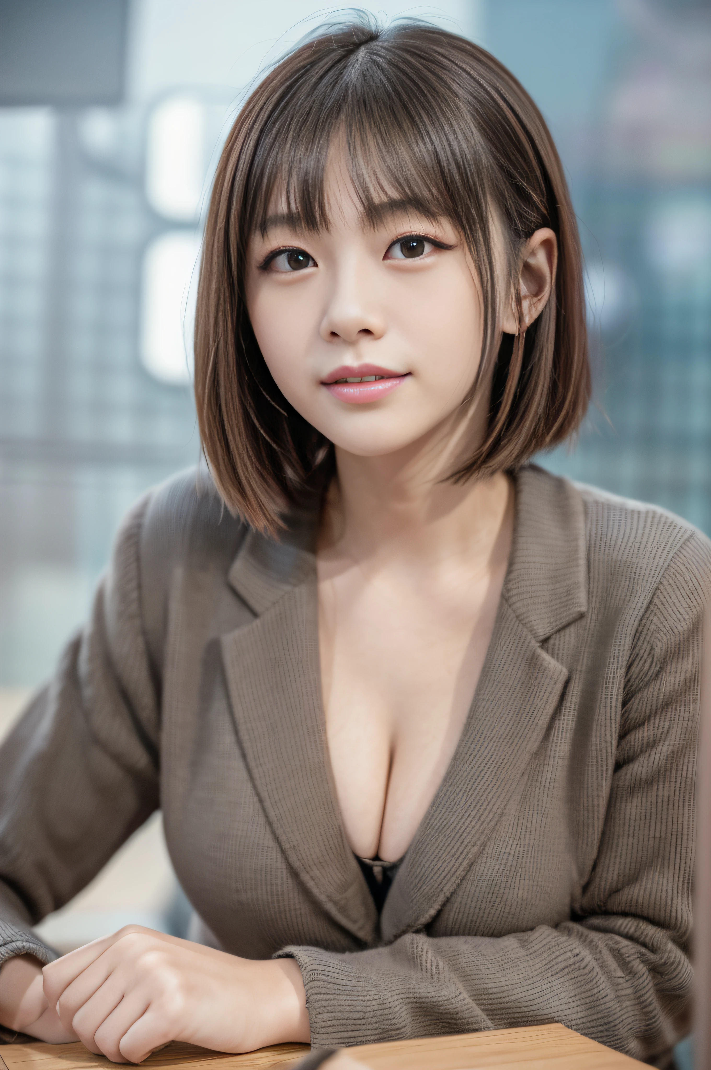 ((News broadcast studio:1.4)), newscaster, compere, A calm woman, Large wide display, (Cityscape).
Break
((Best quality, 8K, Masterpiece :1.3)), (Realistic, Photorealistic:1.4)Pretty Women with Perfect Figure :1.4, ((No underwear:1.4)), Beautiful, Smile, (Bright:1.4),, (Highly detailed face:1.2), cleavage, V-neck, (Career Slim Suit 1.4), Detailed eyes, 二重まぶた, japanese beautiful woman, Sitting, Slim:1.9, Slender, Oily skin, Shiny skin, velvet, Paper on the table, Bob cut,
