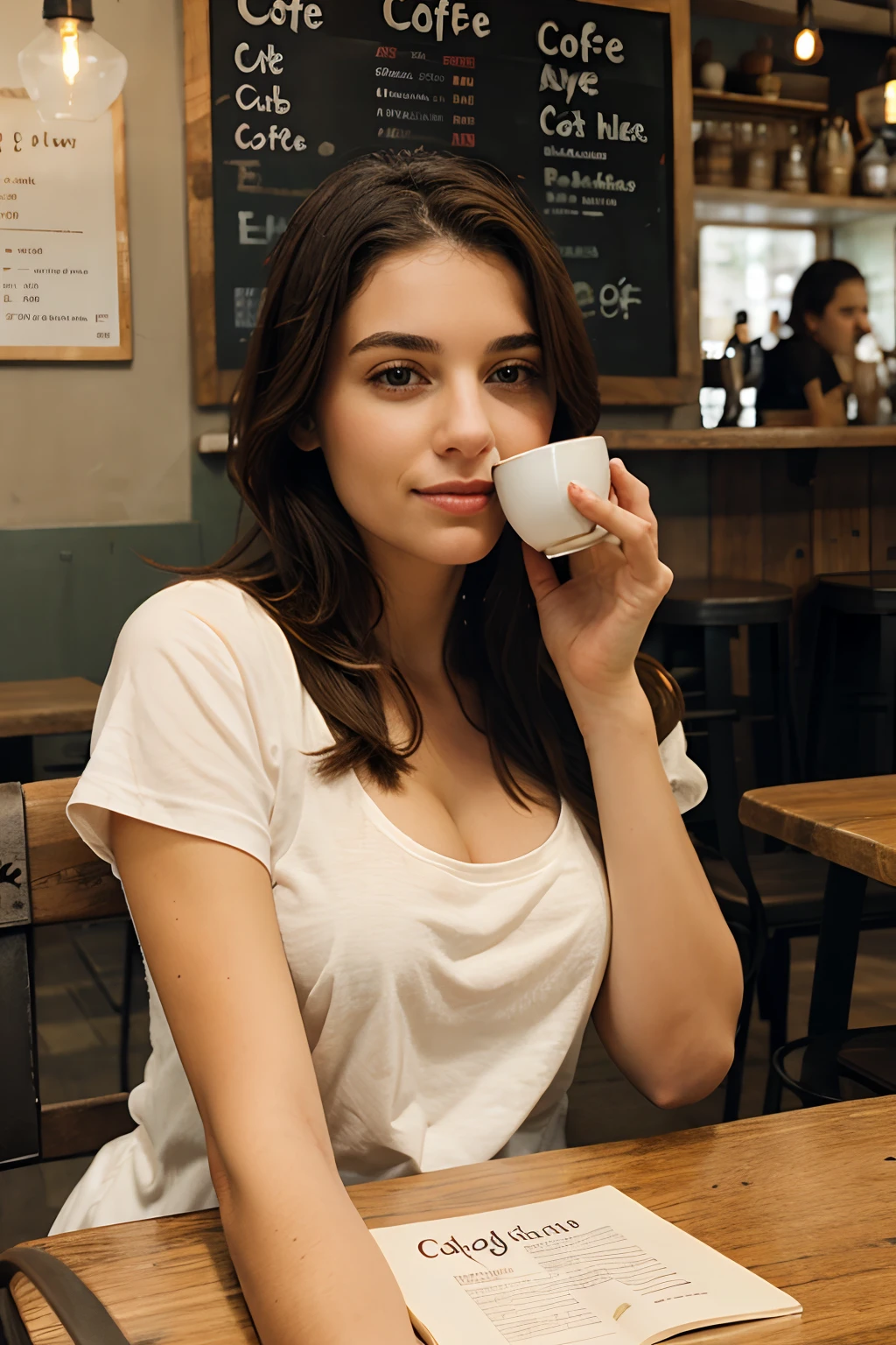 Araffe woman sitting at a table with a cup of coffee - SeaArt AI